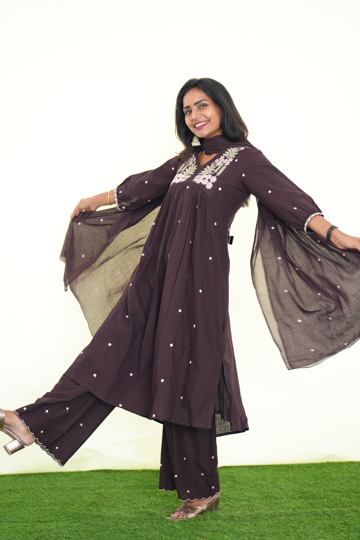 Brown Color Jaipur Slub Cotton 3 Piece Set With Plzaao Pant and Complete Lining