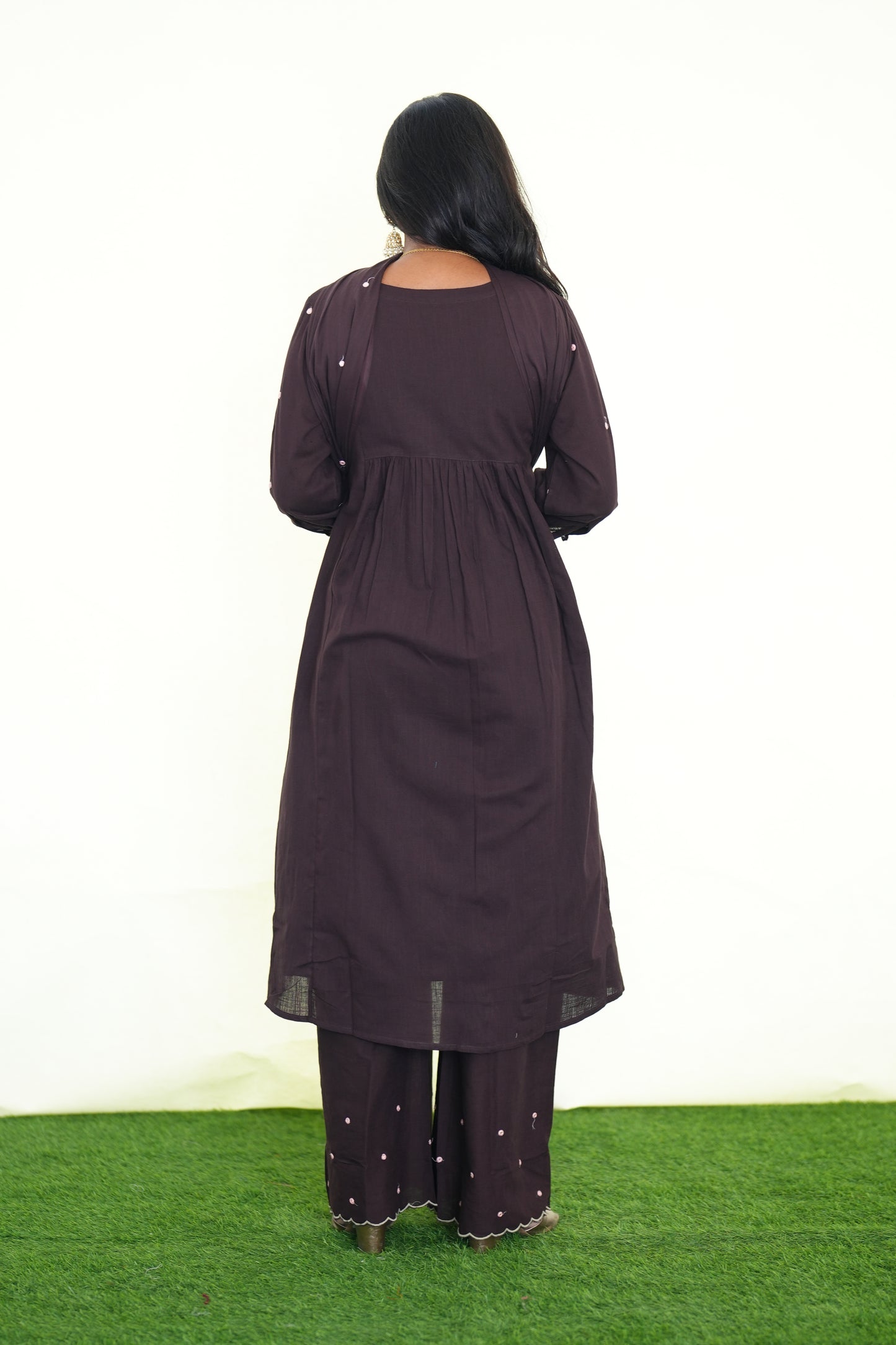 Brown Color Jaipur Slub Cotton 3 Piece Set With Plzaao Pant and Complete Lining
