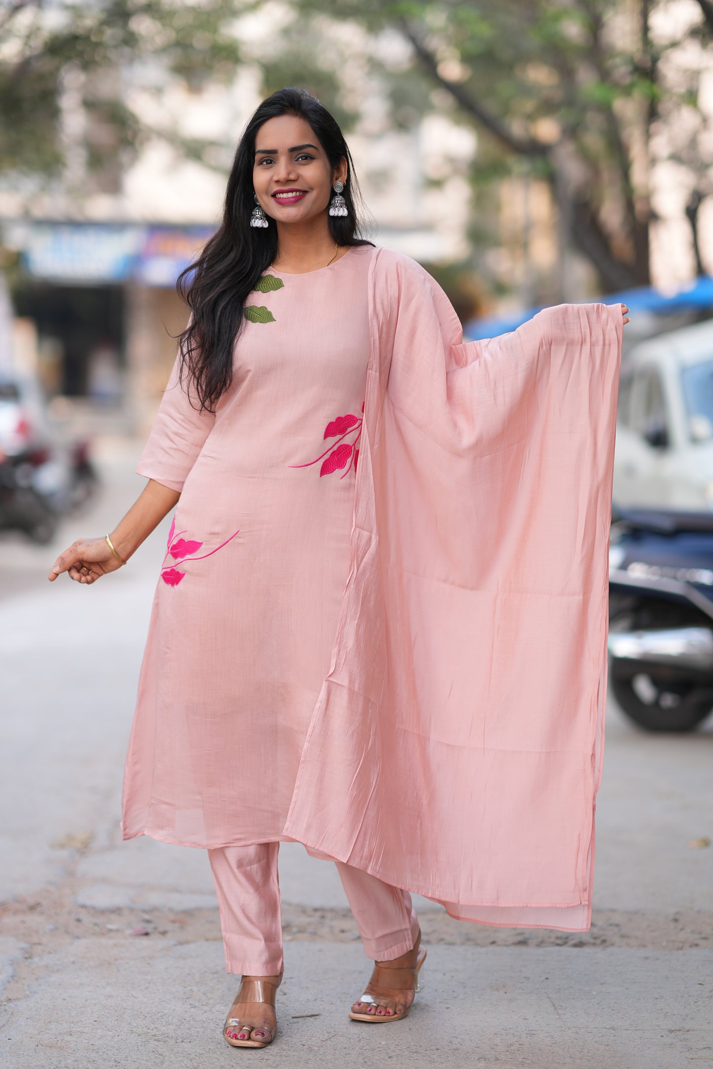 Peach Color Mul Chandheri Designer 3 Piece Set With Complete Lining