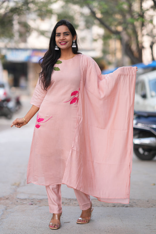 Peach Color Mul Chandheri Designer 3 Piece Set With Complete Lining