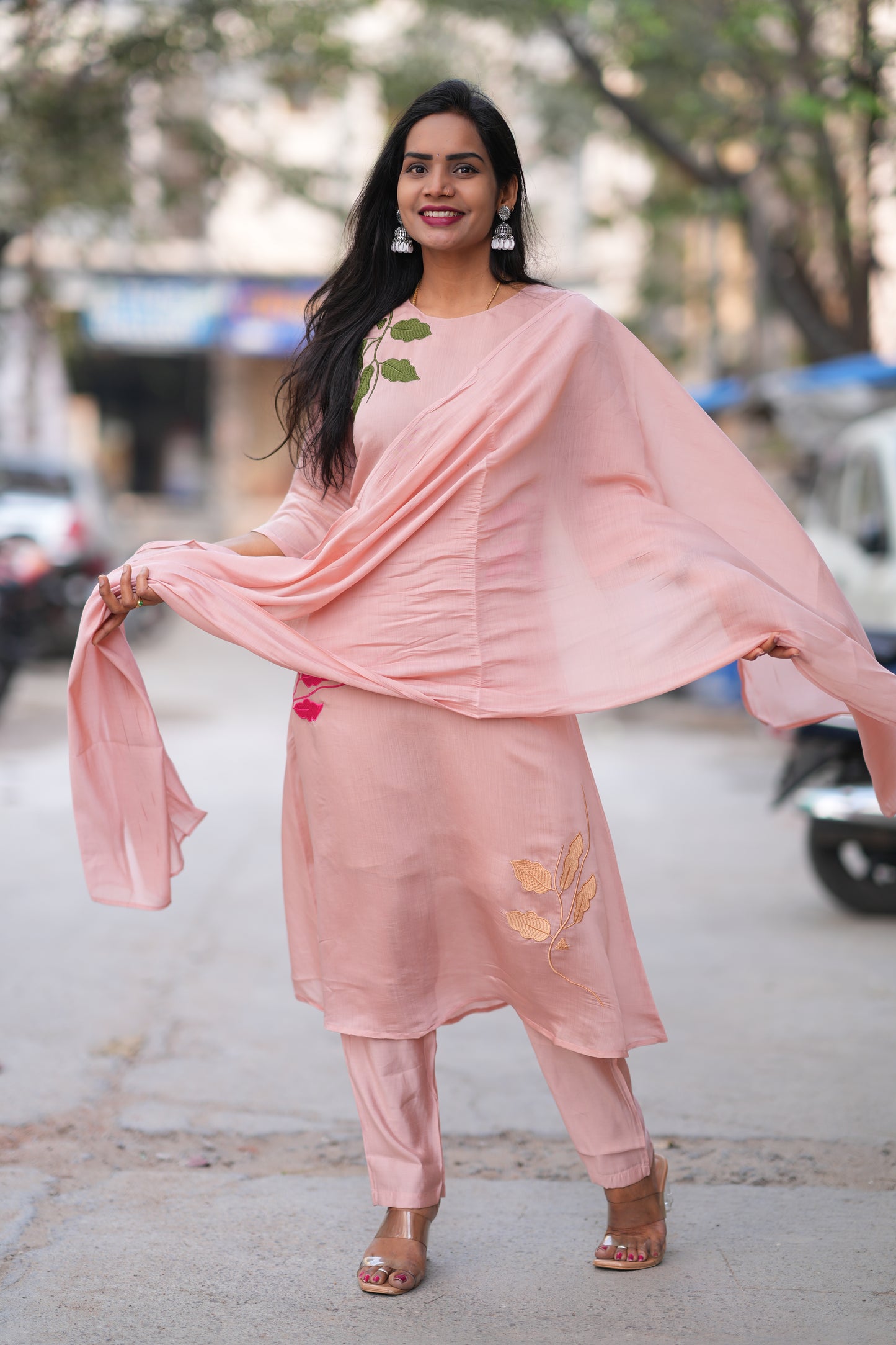 Peach Color Mul Chandheri Designer 3 Piece Set With Complete Lining