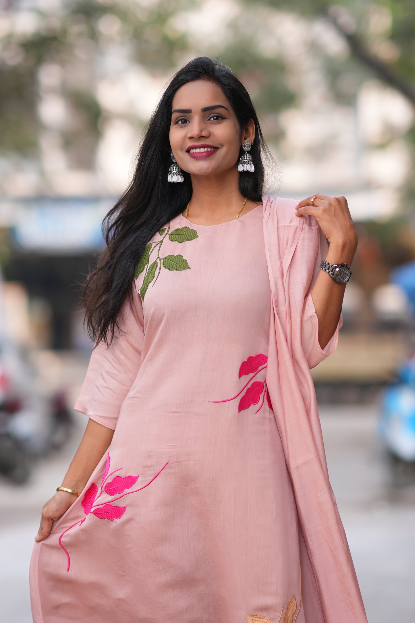 Peach Color Mul Chandheri Designer 3 Piece Set With Complete Lining