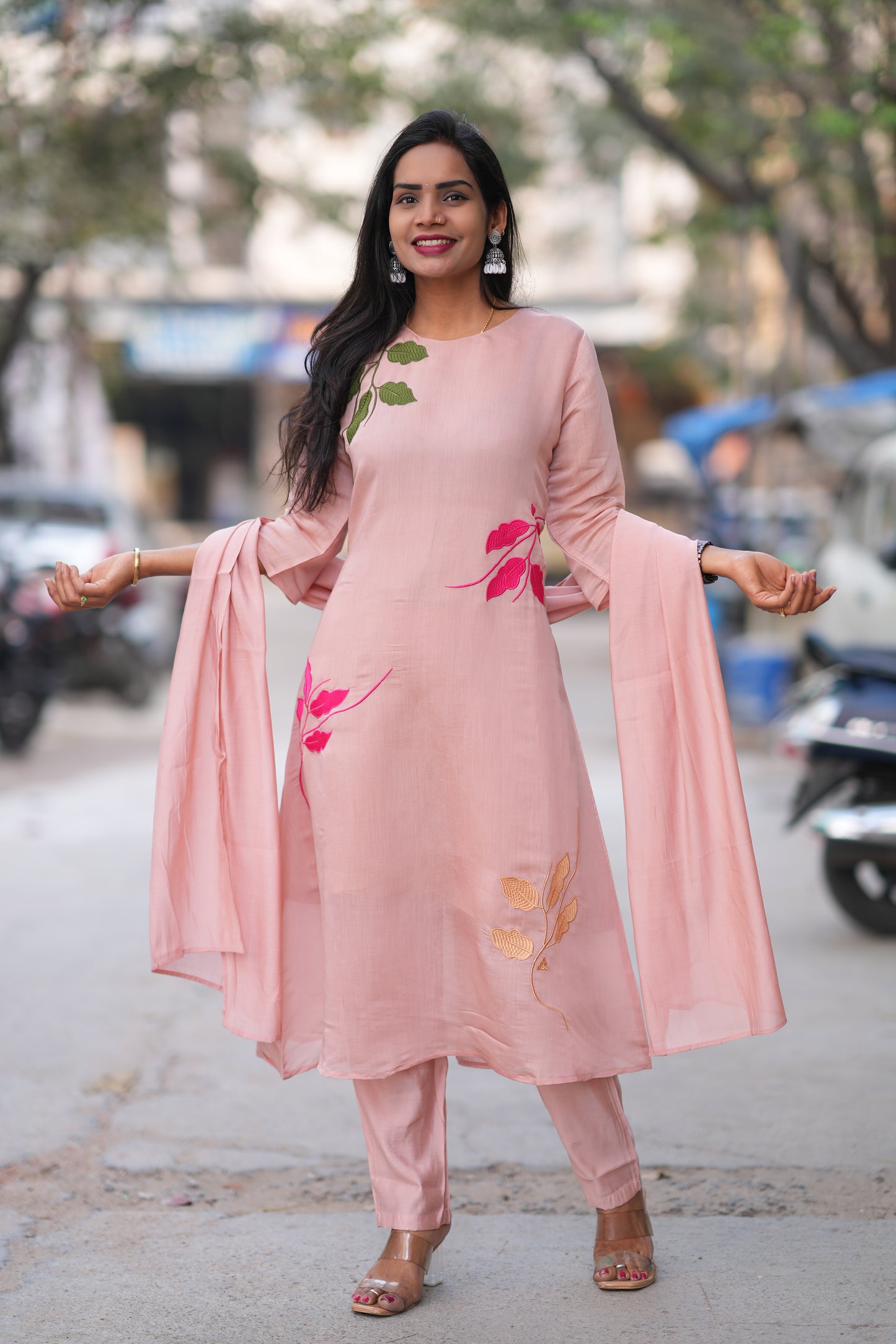 Peach Color Mul Chandheri Designer 3 Piece Set With Complete Lining