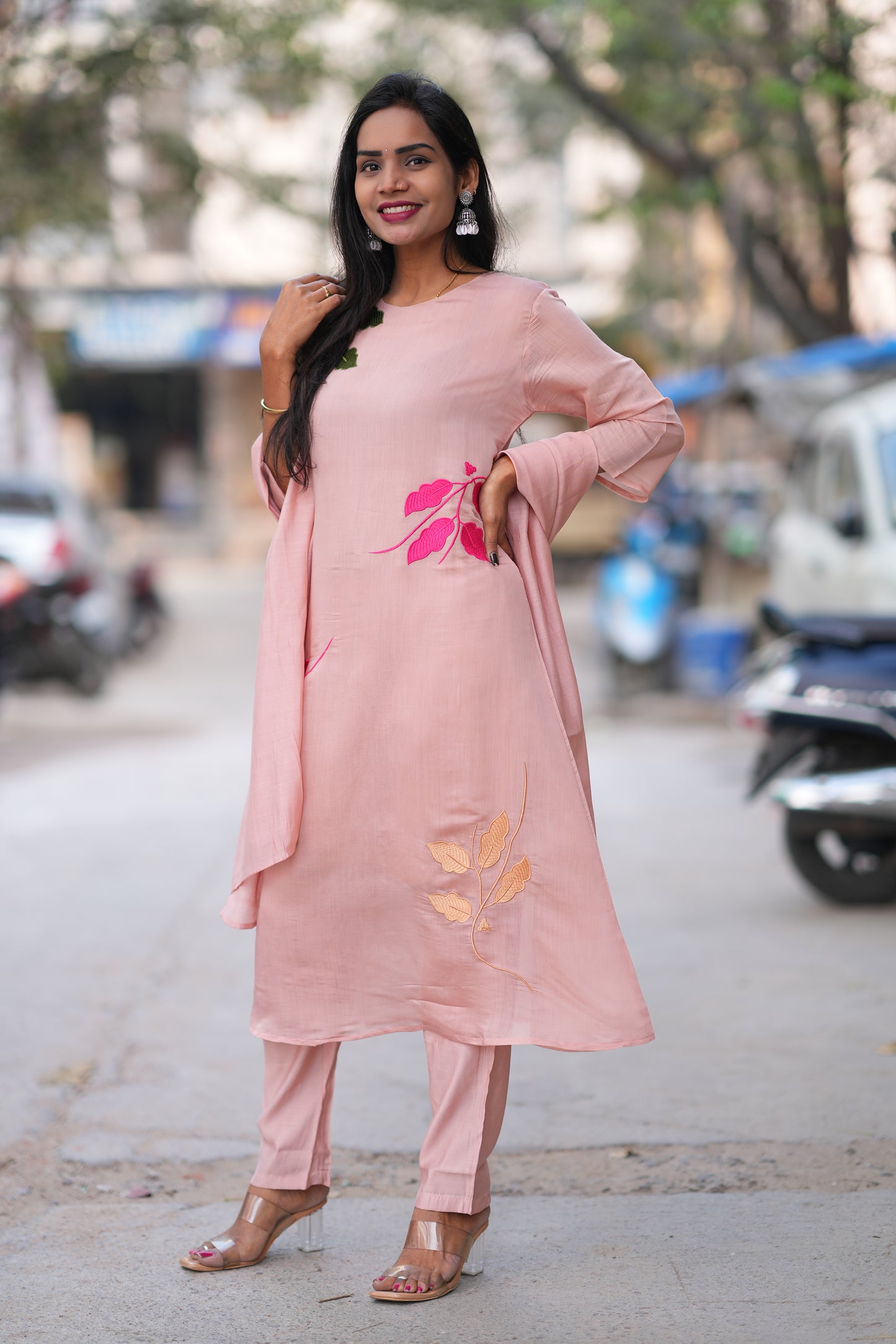 Peach Color Mul Chandheri Designer 3 Piece Set With Complete Lining