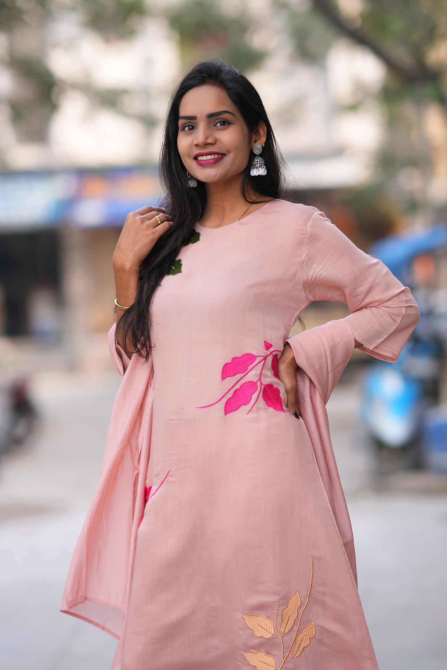 Peach Color Mul Chandheri Designer 3 Piece Set With Complete Lining