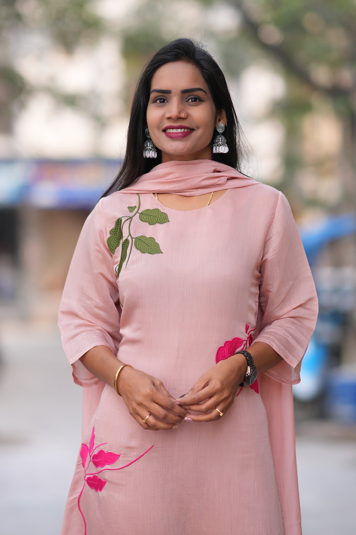Peach Color Mul Chandheri Designer 3 Piece Set With Complete Lining