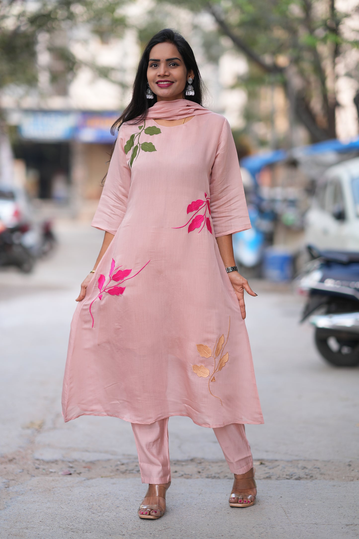 Peach Color Mul Chandheri Designer 3 Piece Set With Complete Lining