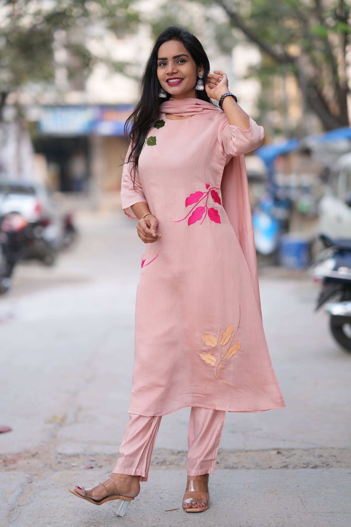Peach Color Mul Chandheri Designer 3 Piece Set With Complete Lining