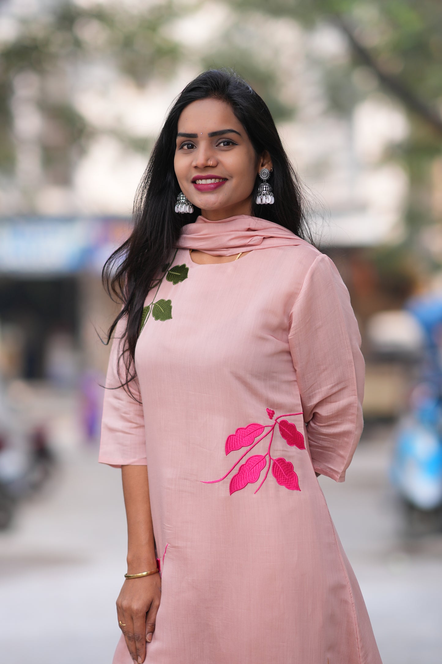 Peach Color Mul Chandheri Designer 3 Piece Set With Complete Lining