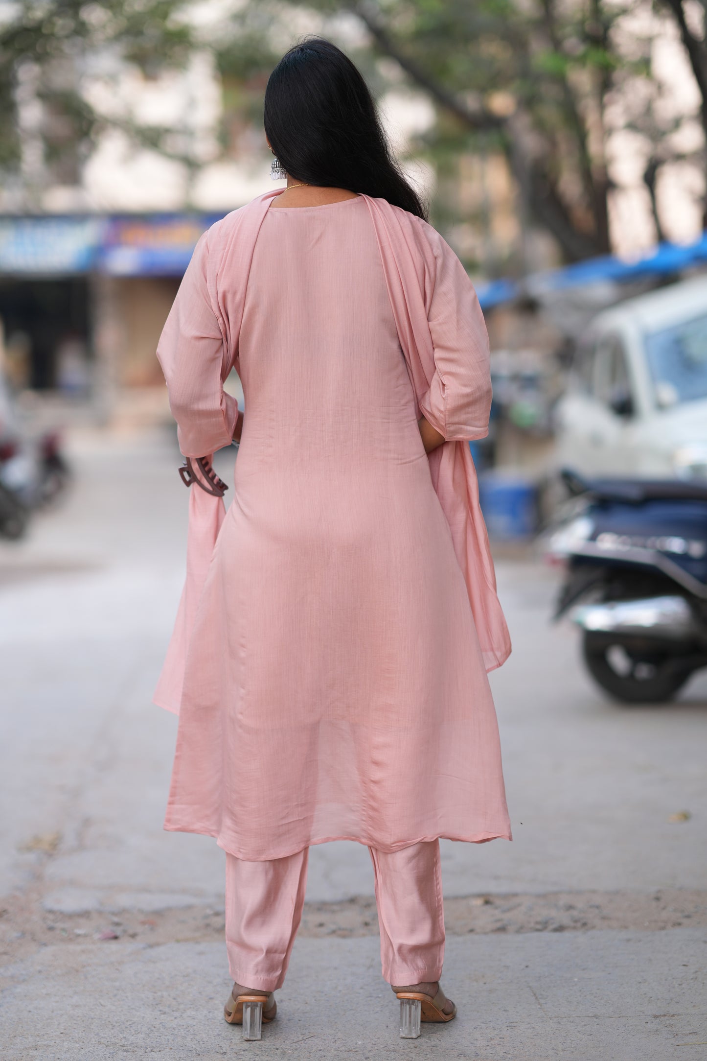 Peach Color Mul Chandheri Designer 3 Piece Set With Complete Lining