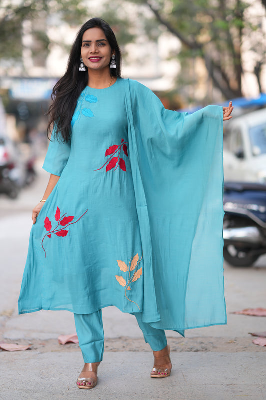 Teal Blue Color Mul Chandheri Designer 3 Piece Set With Complete Lining