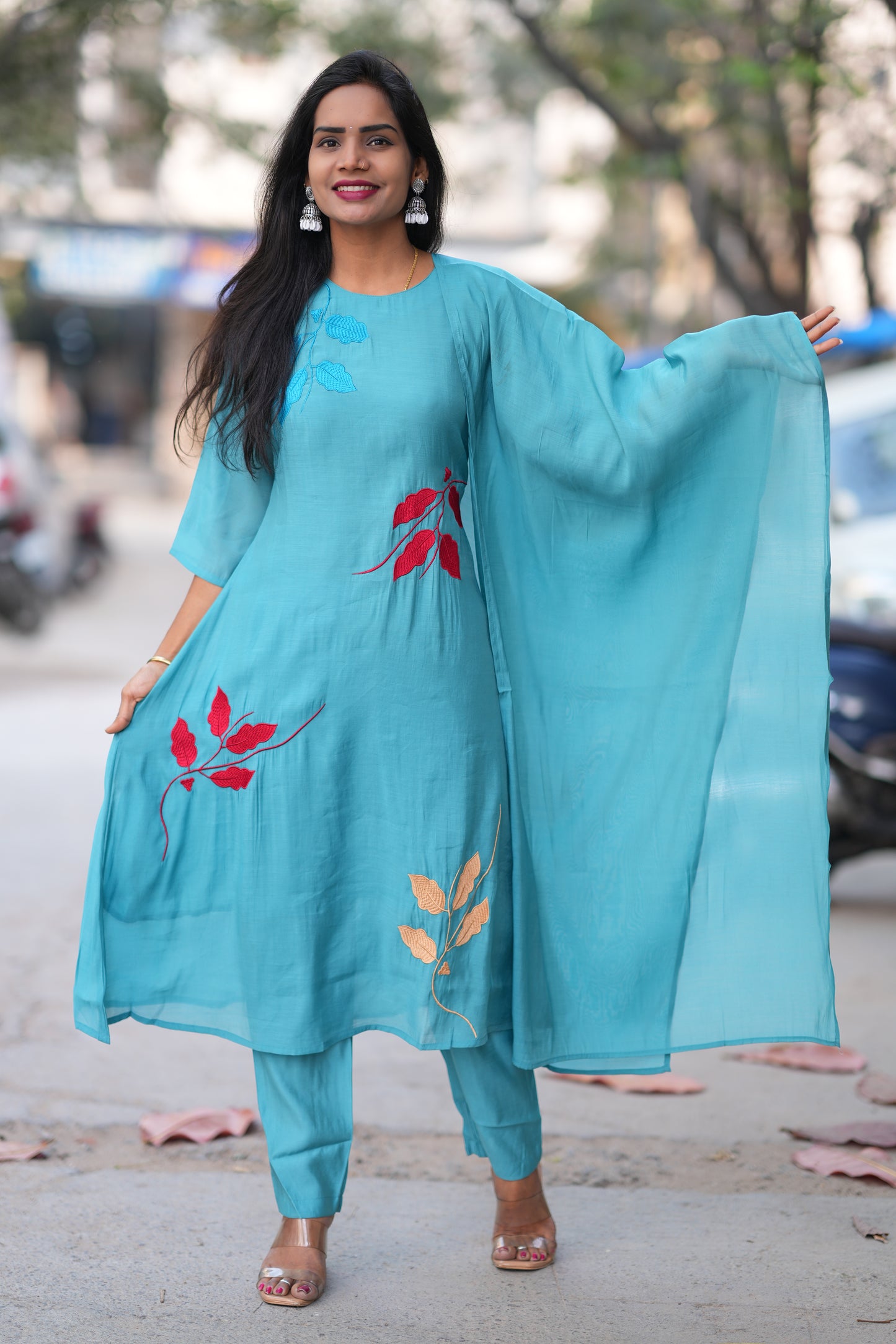 Teal Blue Color Mul Chandheri Designer 3 Piece Set With Complete Lining