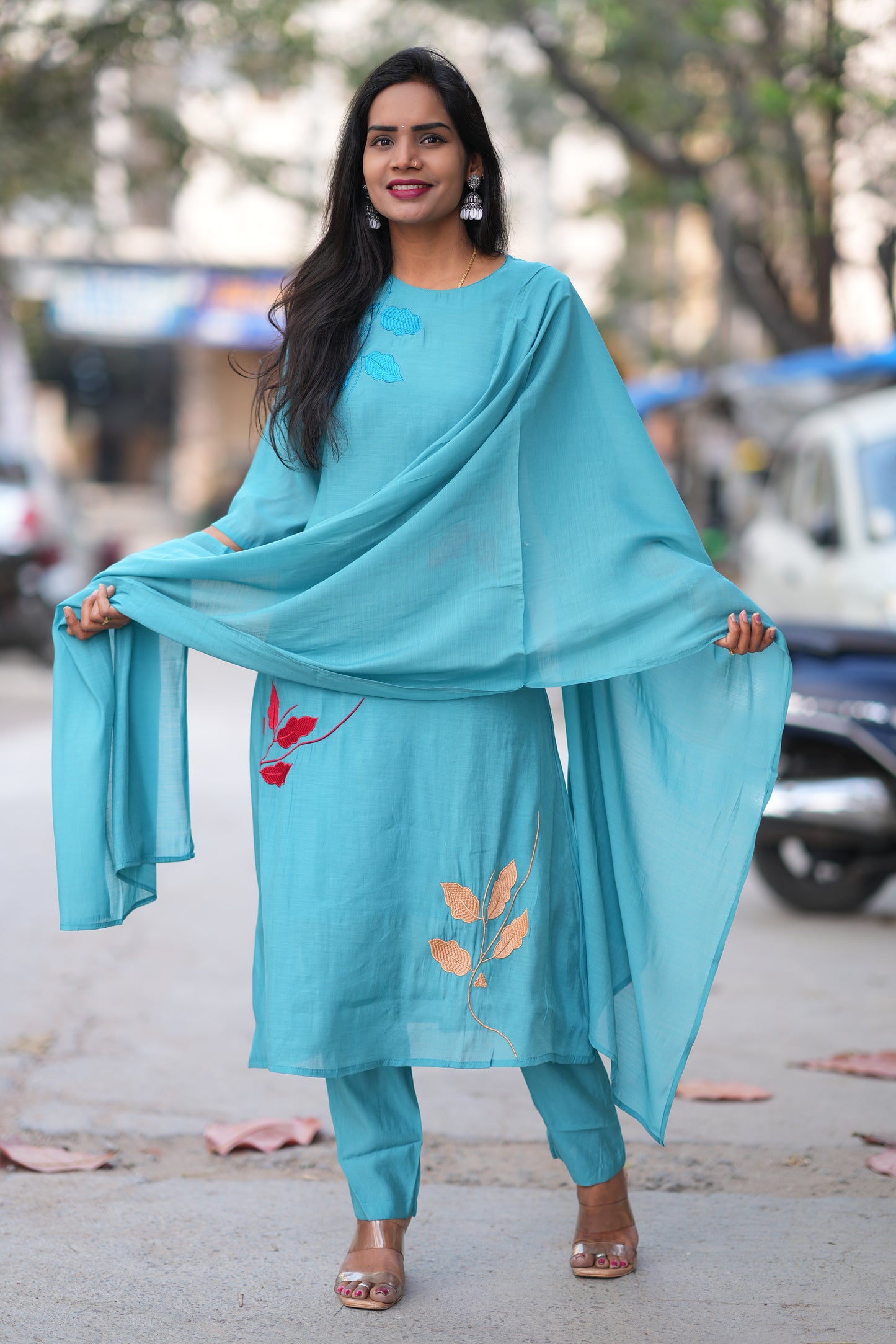 Teal Blue Color Mul Chandheri Designer 3 Piece Set With Complete Lining