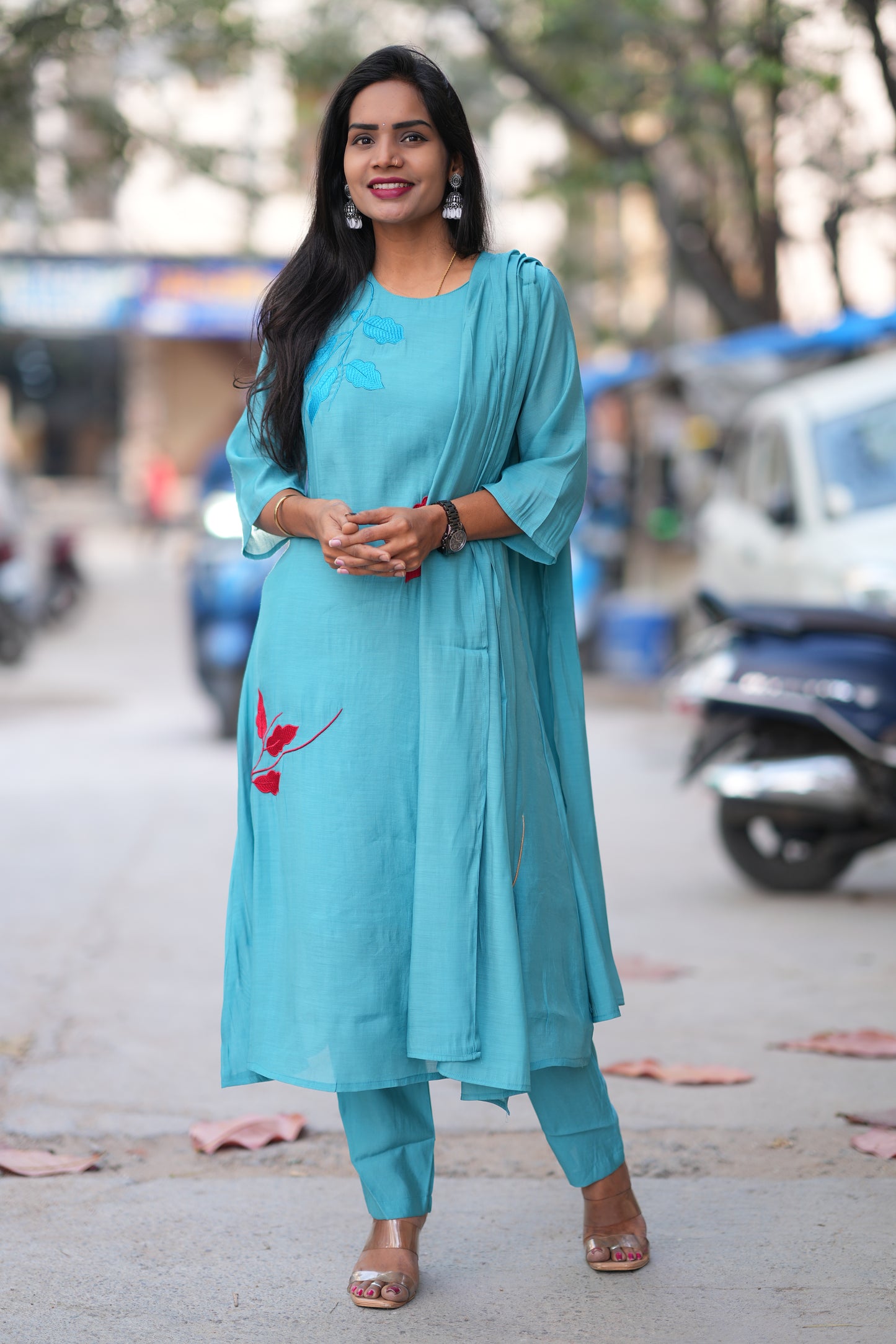 Teal Blue Color Mul Chandheri Designer 3 Piece Set With Complete Lining