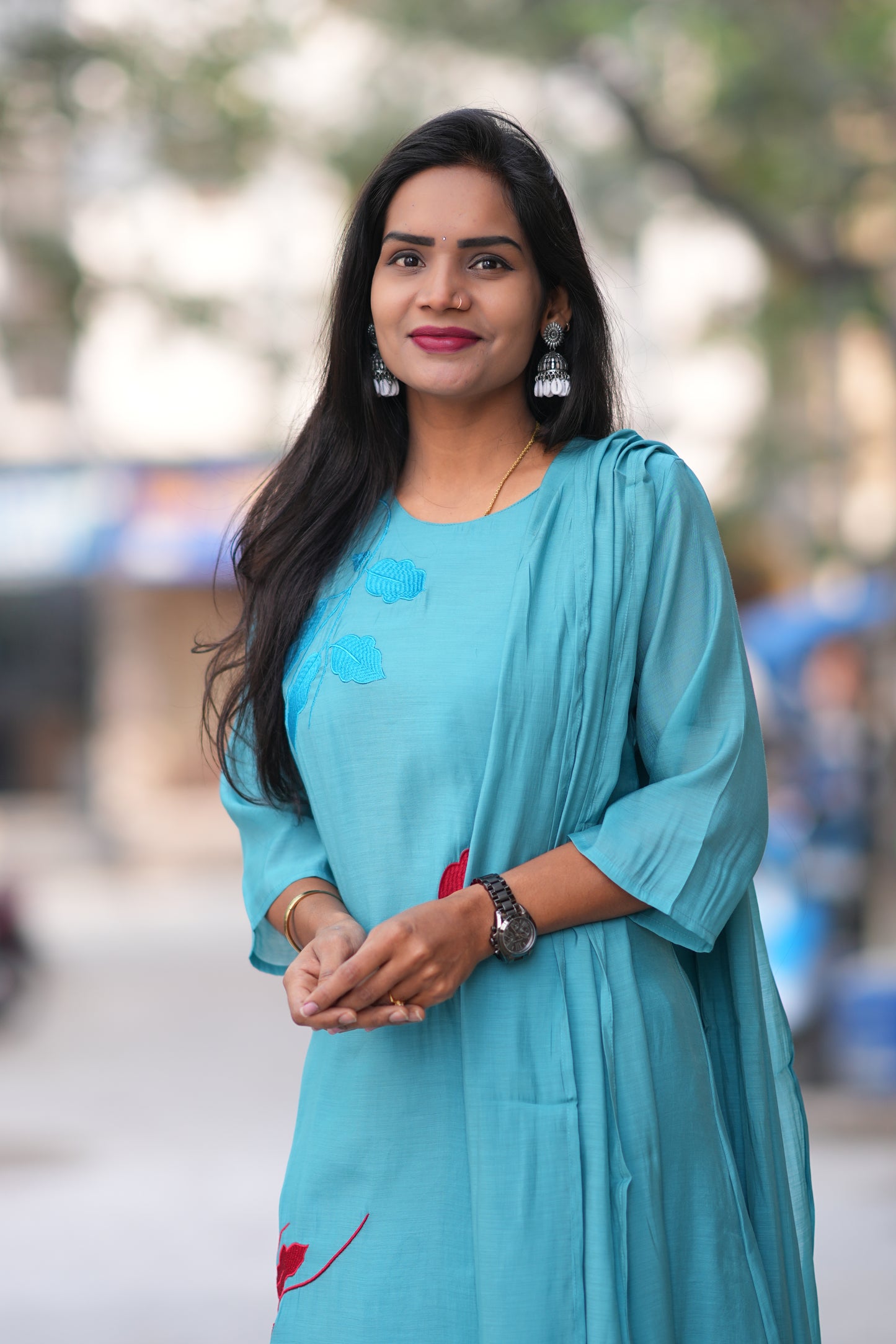 Teal Blue Color Mul Chandheri Designer 3 Piece Set With Complete Lining