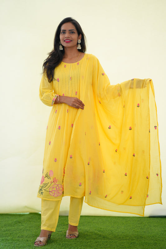 Yellow Color Mul Cotton 3 Piece Set With Embroidery Work and Complete Lining