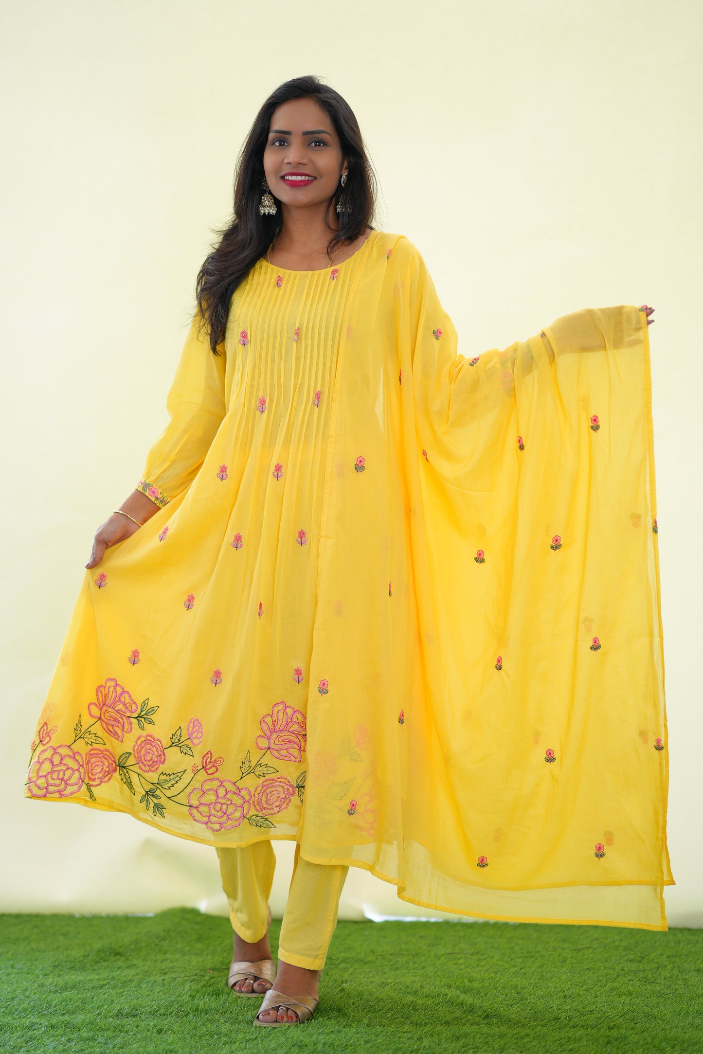 Yellow Color Mul Cotton 3 Piece Set With Embroidery Work and Complete Lining