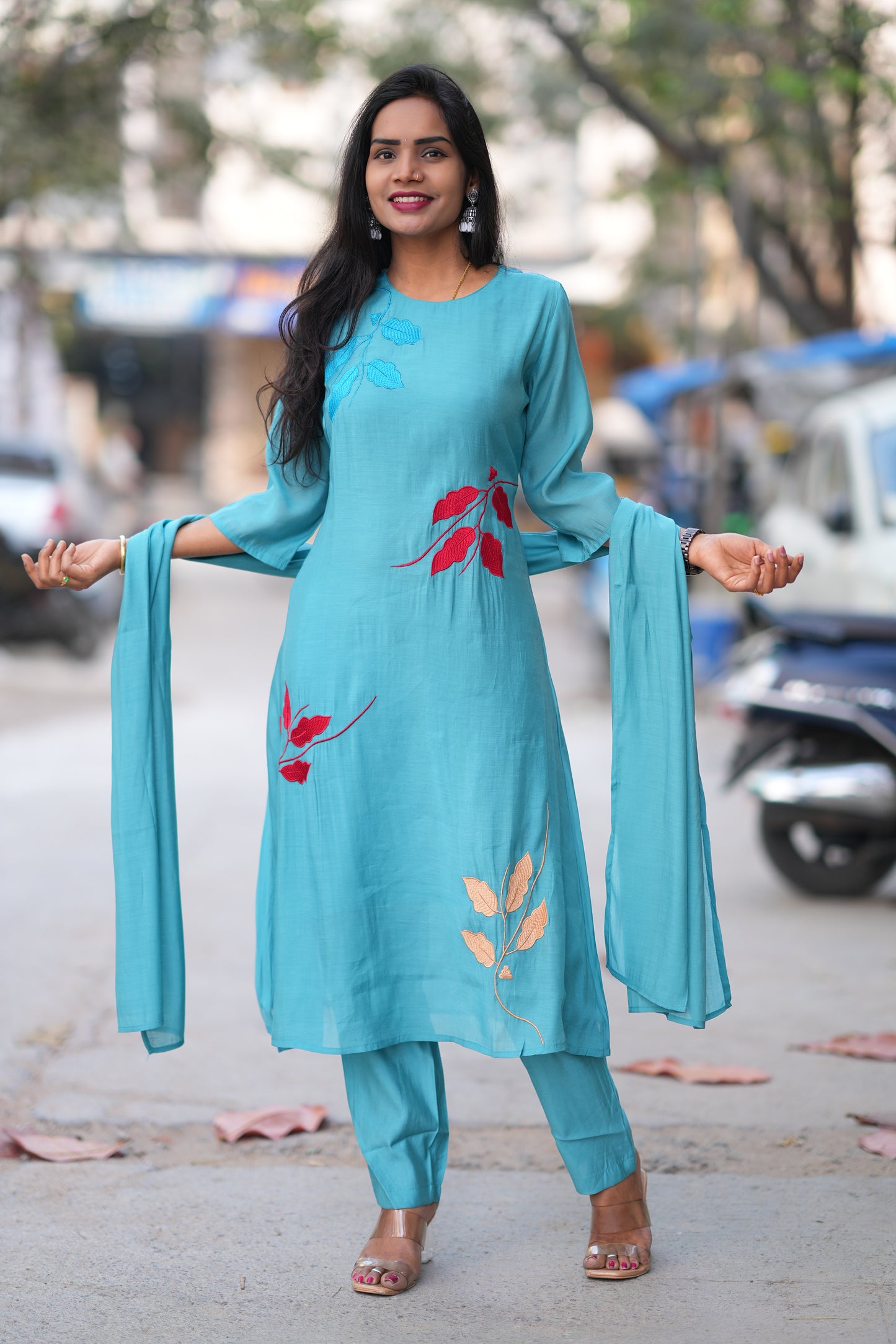Teal Blue Color Mul Chandheri Designer 3 Piece Set With Complete Lining