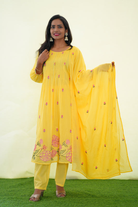 Yellow Color Mul Cotton 3 Piece Set With Embroidery Work and Complete Lining