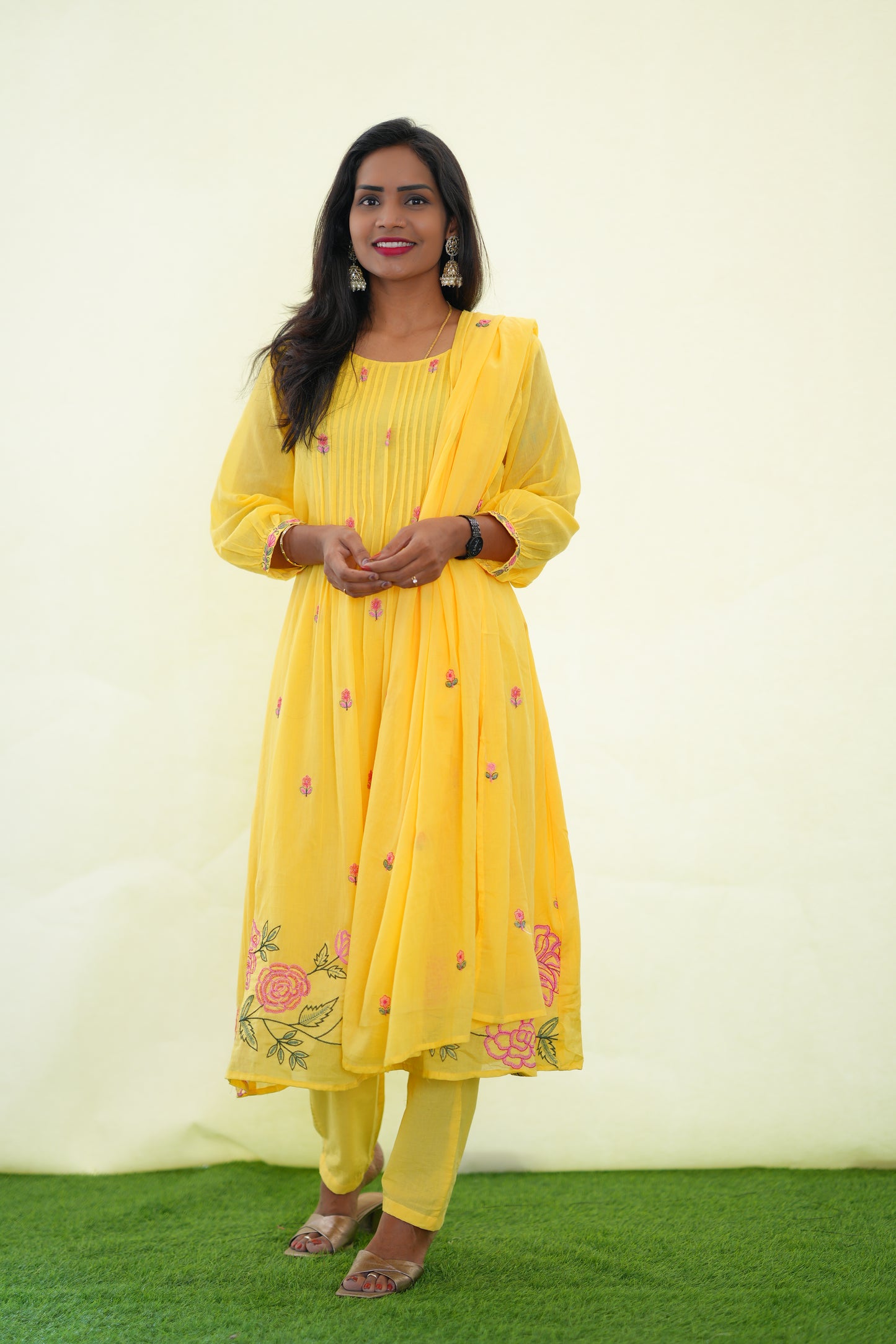 Yellow Color Mul Cotton 3 Piece Set With Embroidery Work and Complete Lining