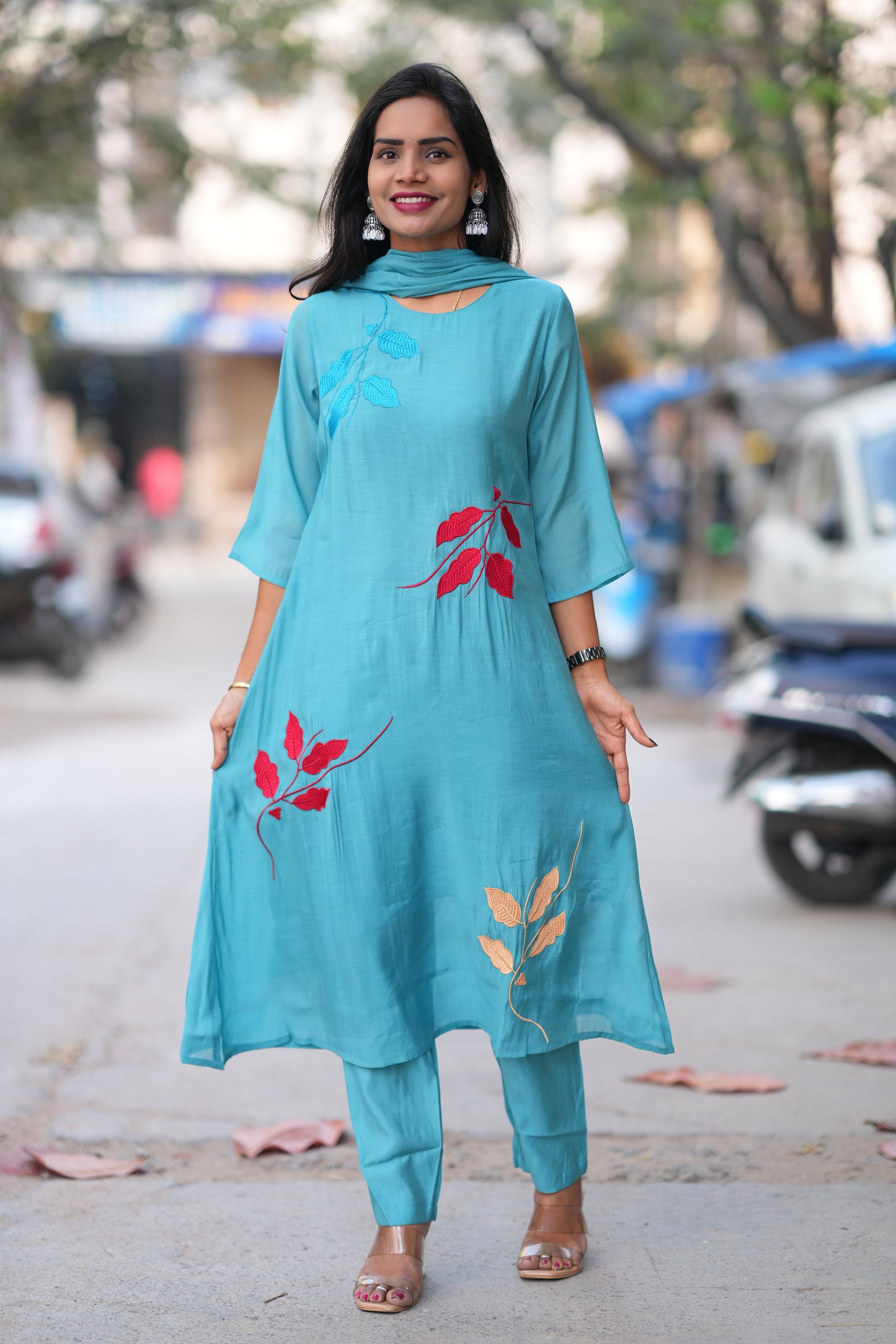 Teal Blue Color Mul Chandheri Designer 3 Piece Set With Complete Lining