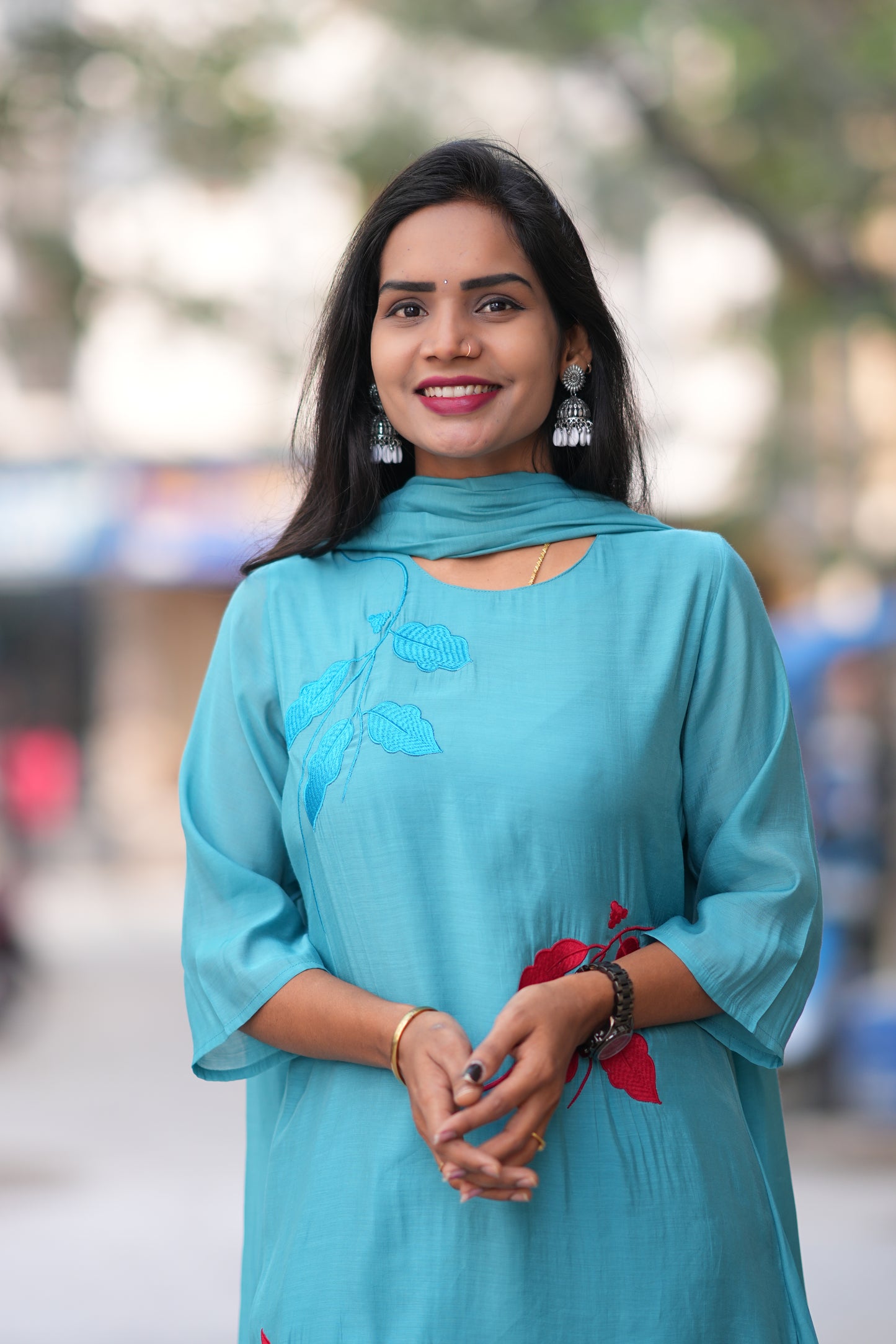 Teal Blue Color Mul Chandheri Designer 3 Piece Set With Complete Lining