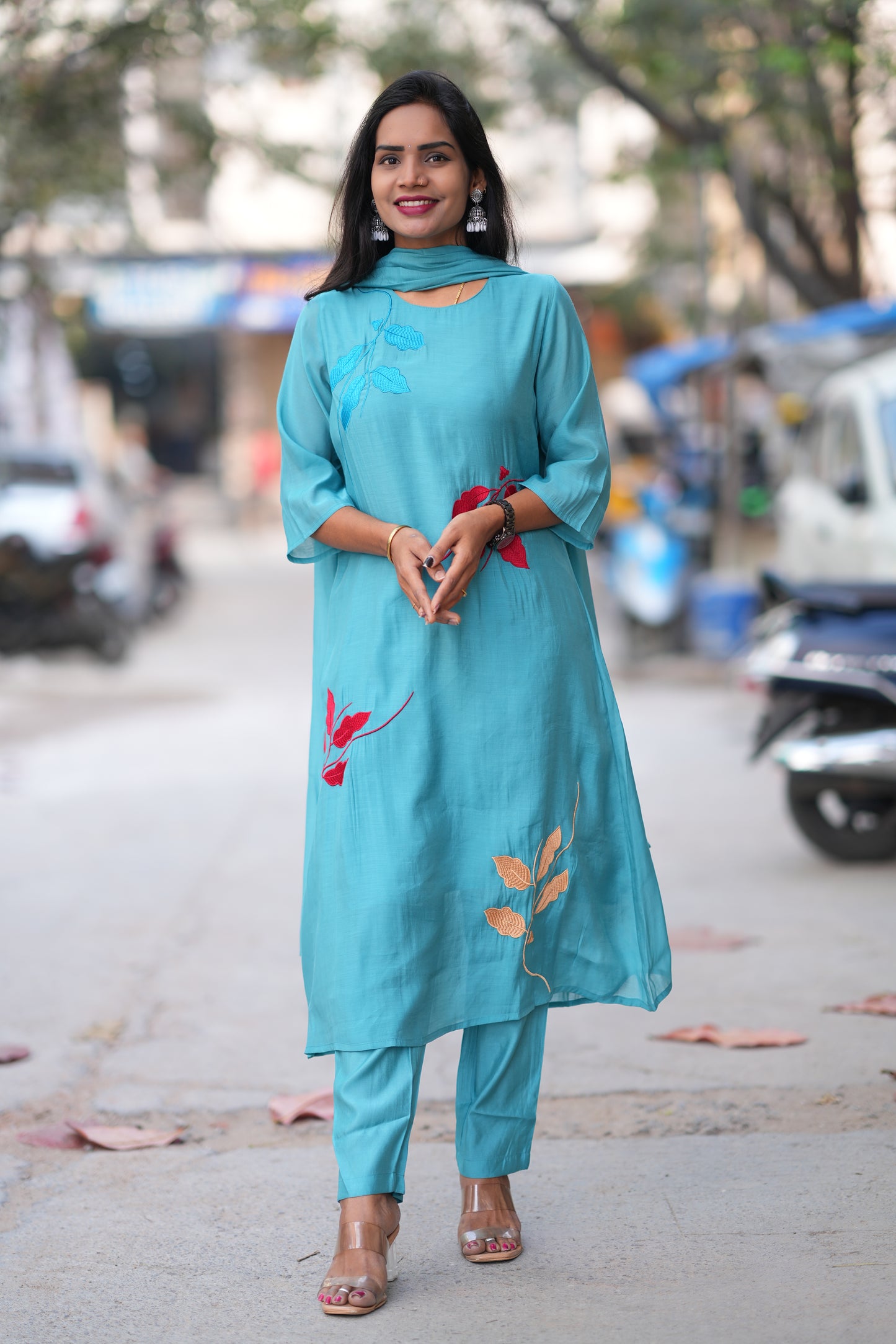 Teal Blue Color Mul Chandheri Designer 3 Piece Set With Complete Lining