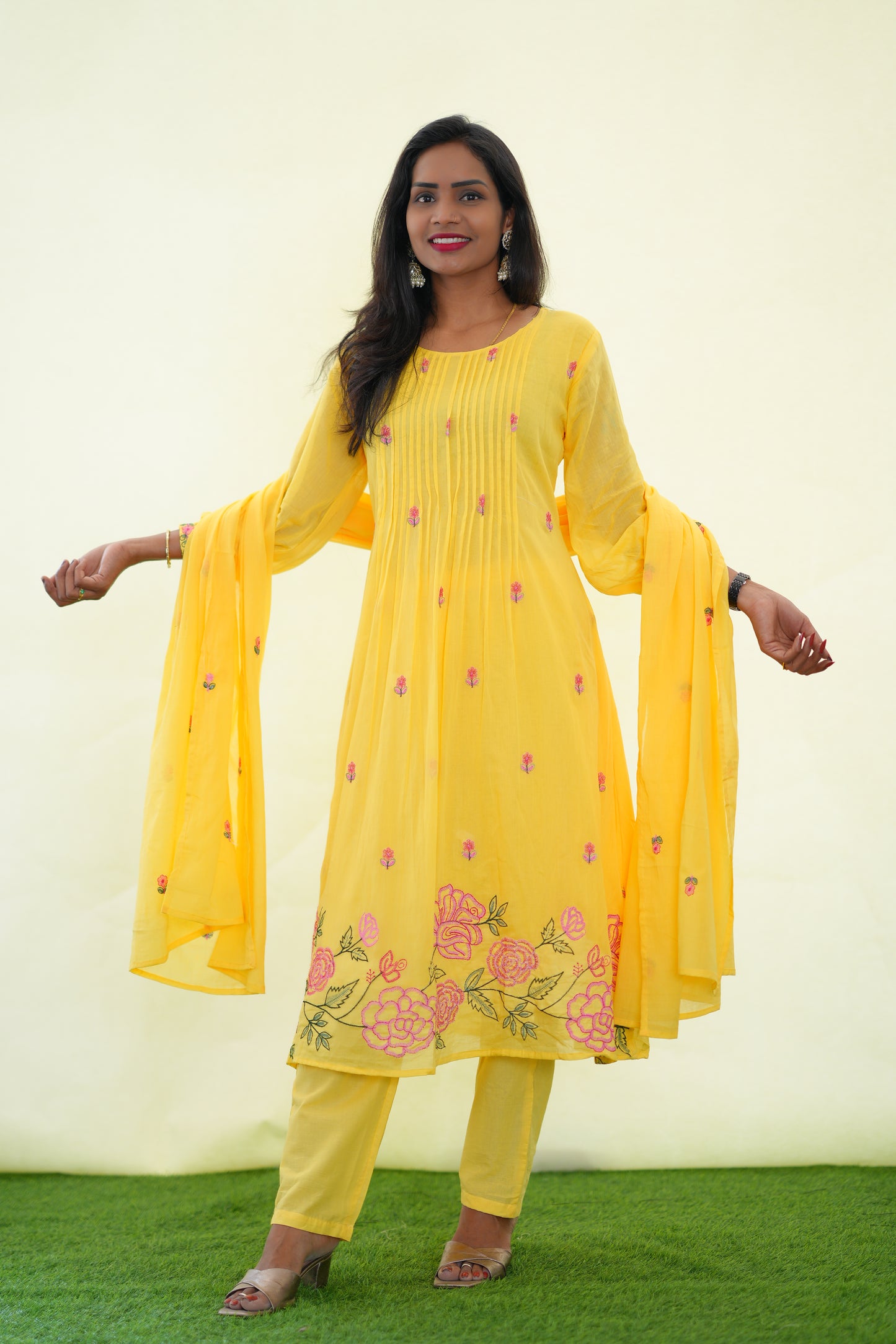 Yellow Color Mul Cotton 3 Piece Set With Embroidery Work and Complete Lining