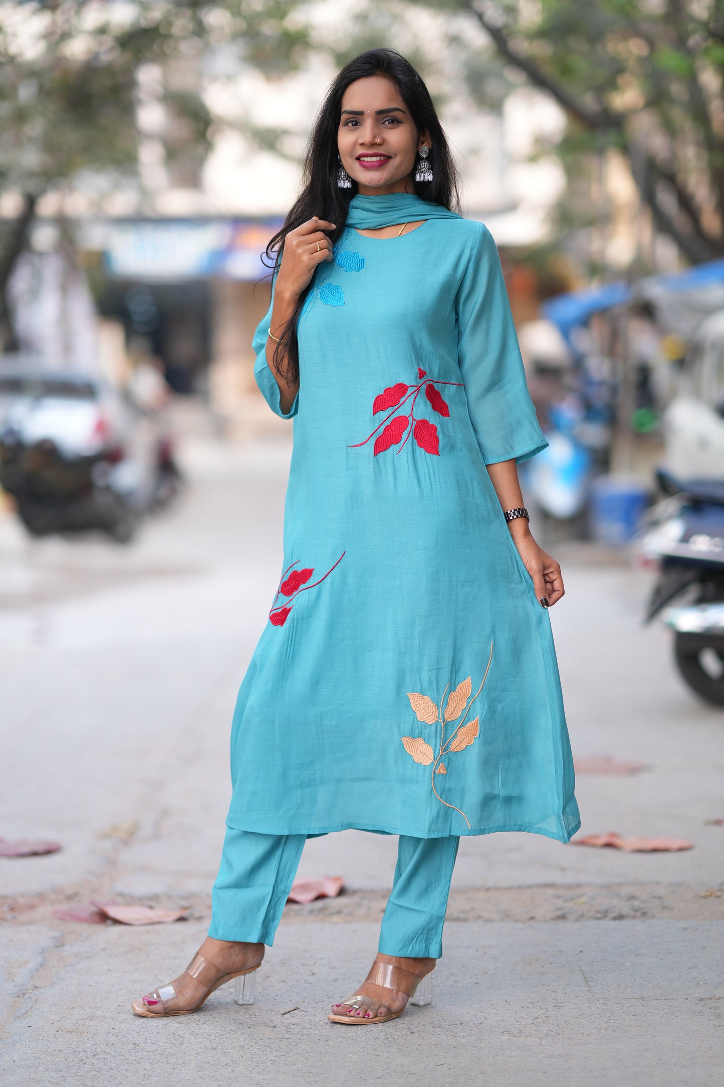 Teal Blue Color Mul Chandheri Designer 3 Piece Set With Complete Lining