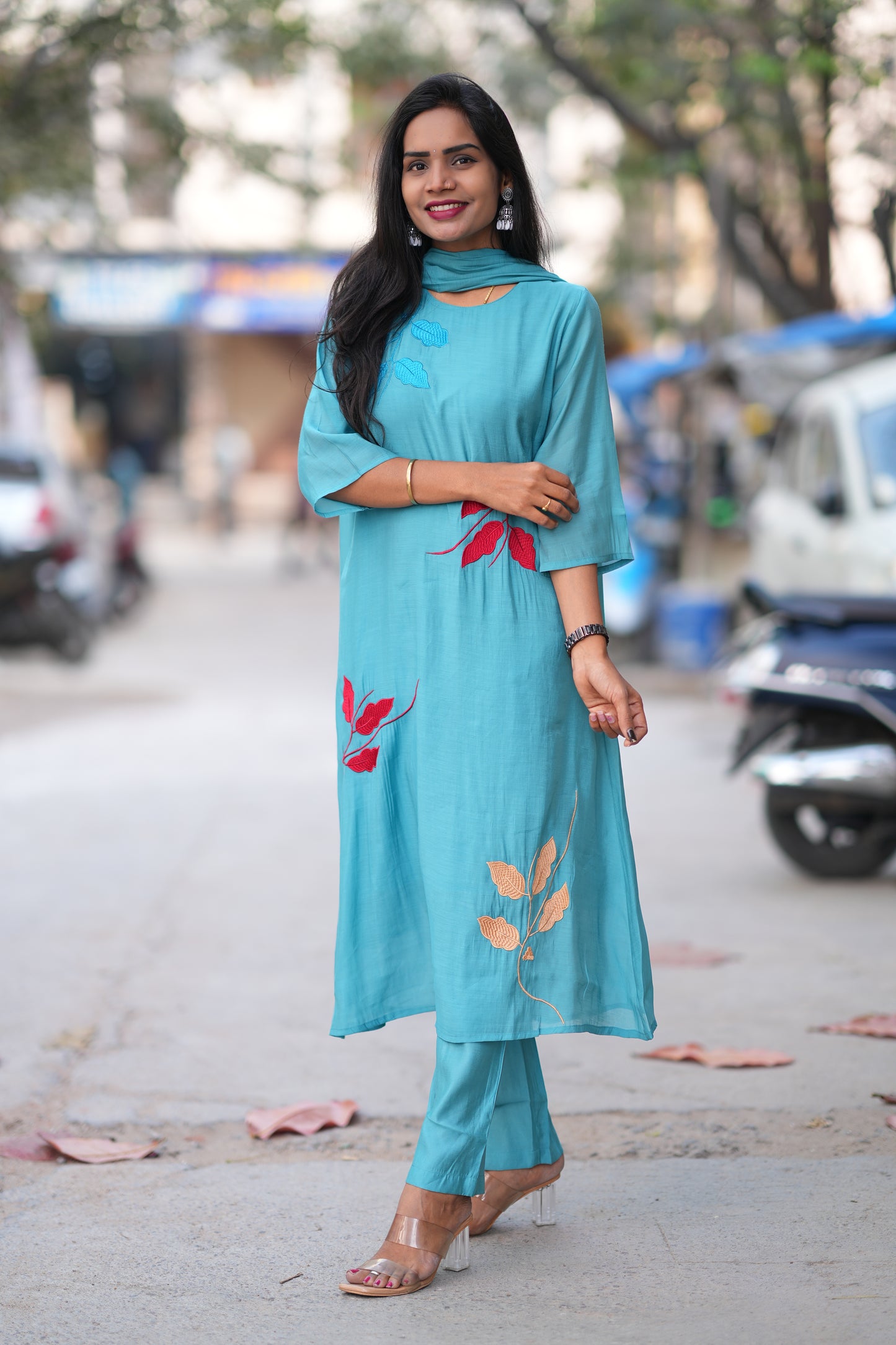 Teal Blue Color Mul Chandheri Designer 3 Piece Set With Complete Lining