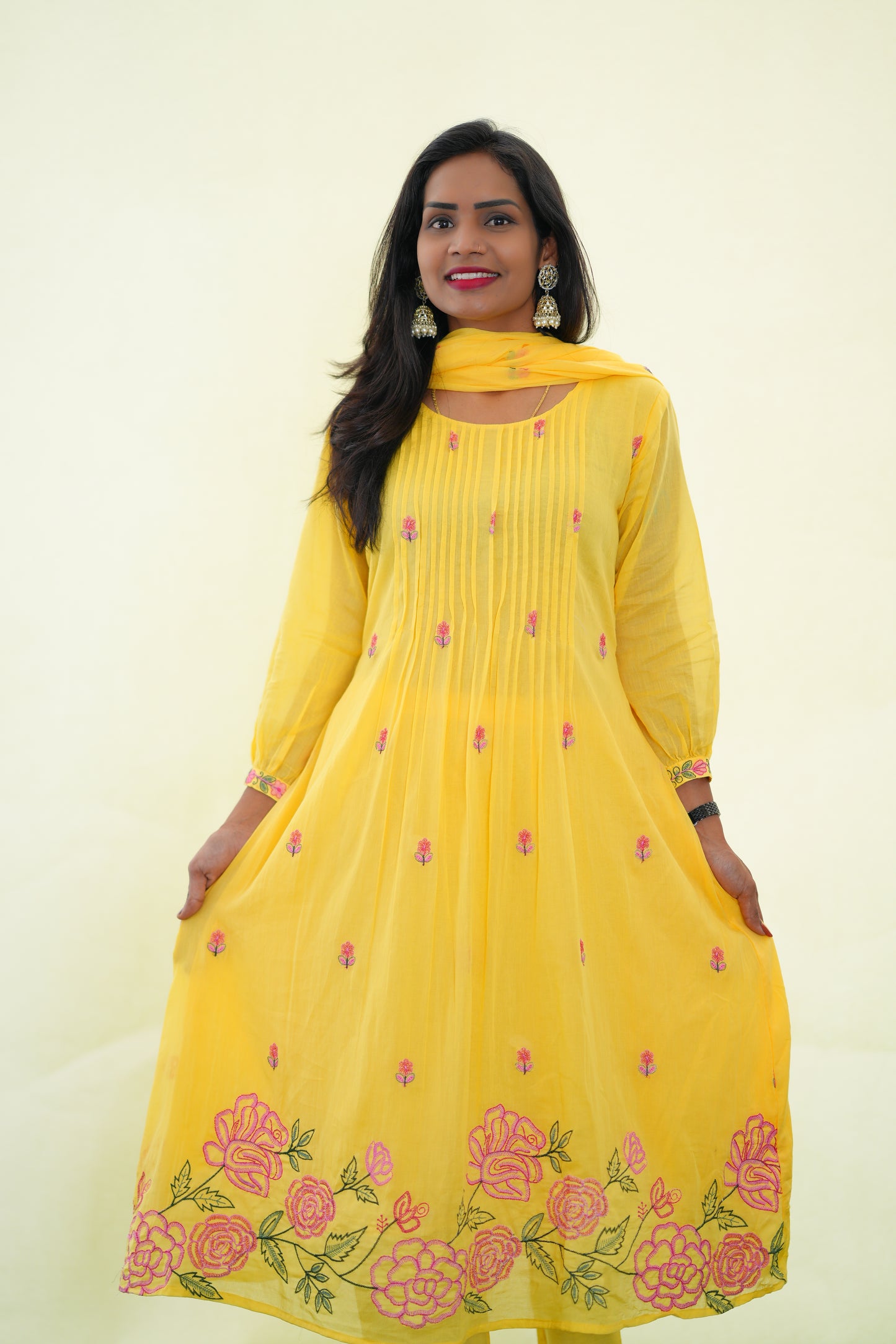 Yellow Color Mul Cotton 3 Piece Set With Embroidery Work and Complete Lining