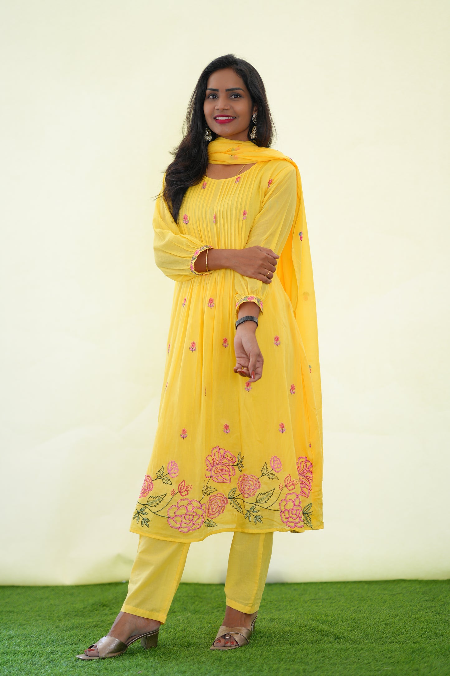 Yellow Color Mul Cotton 3 Piece Set With Embroidery Work and Complete Lining