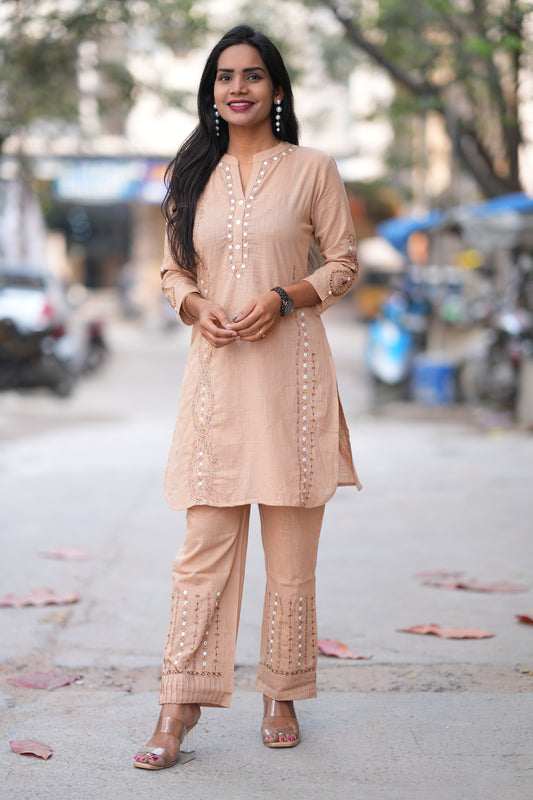 Beige Color Jaipuri Cotton Cord Set With Embroidery Work