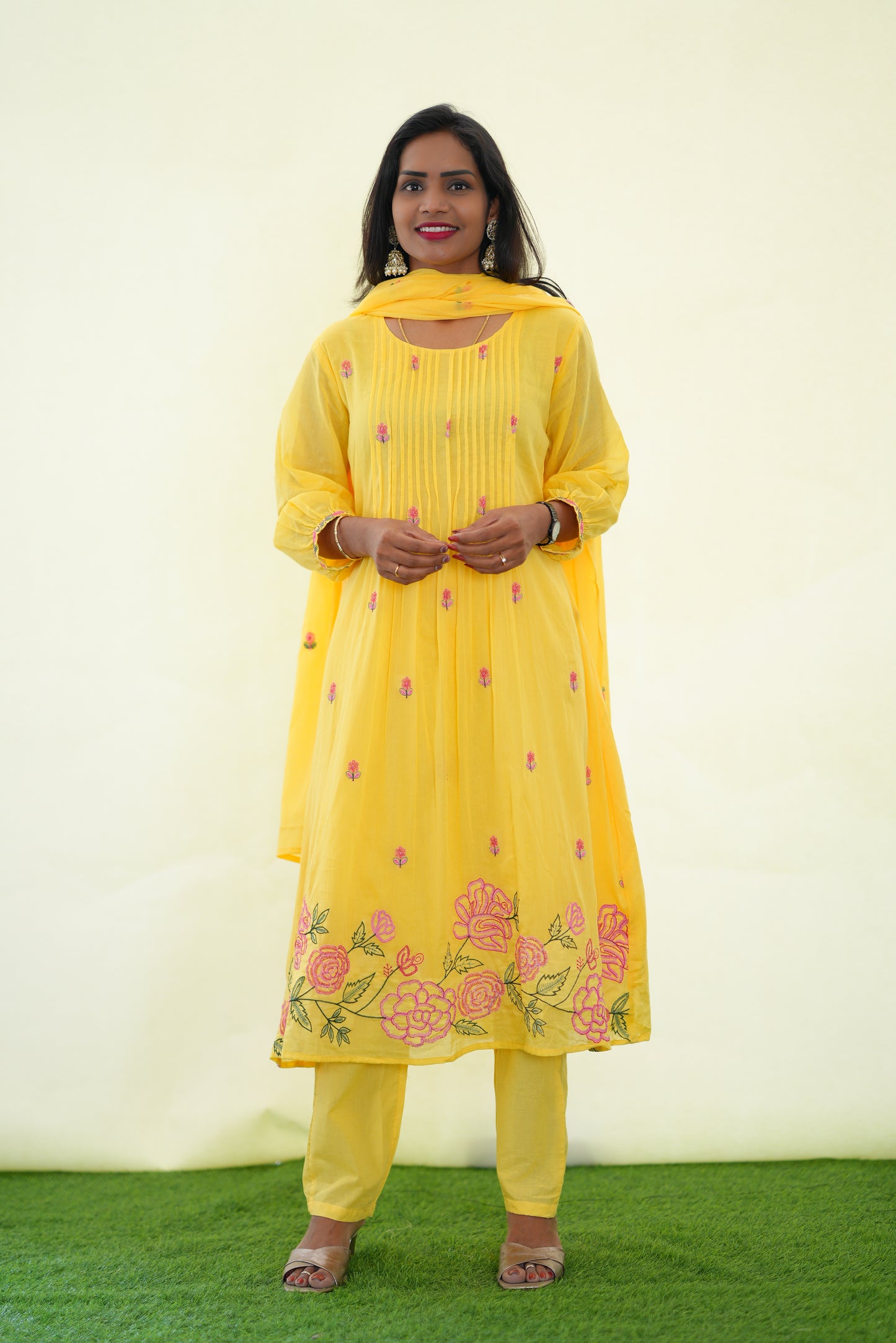 Yellow Color Mul Cotton 3 Piece Set With Embroidery Work and Complete Lining