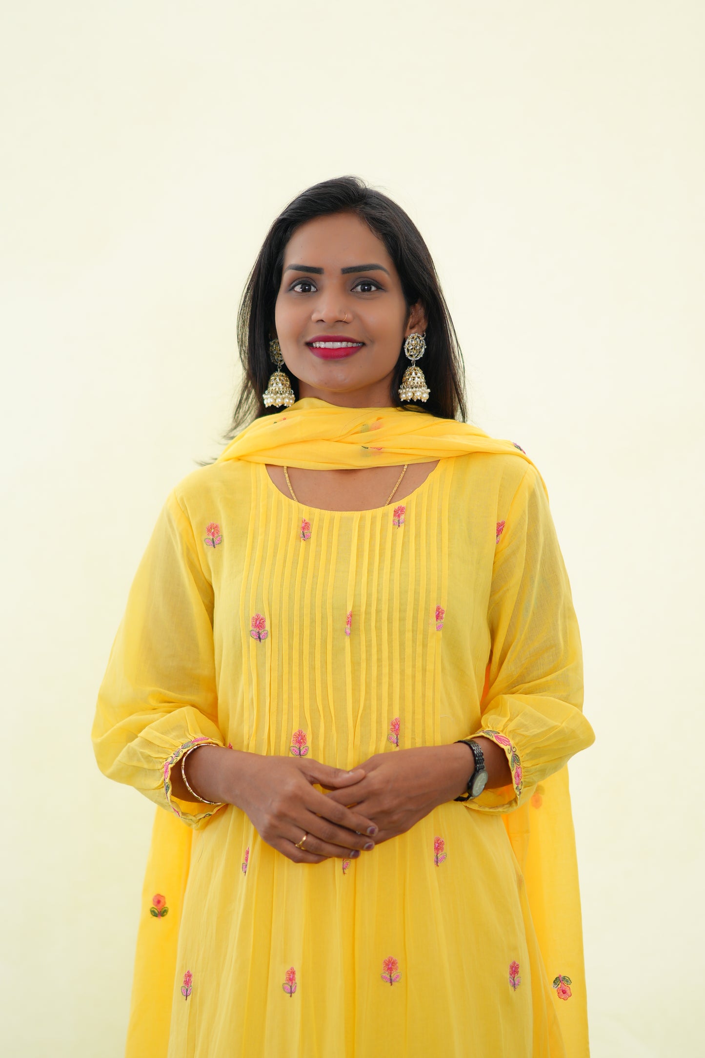 Yellow Color Mul Cotton 3 Piece Set With Embroidery Work and Complete Lining