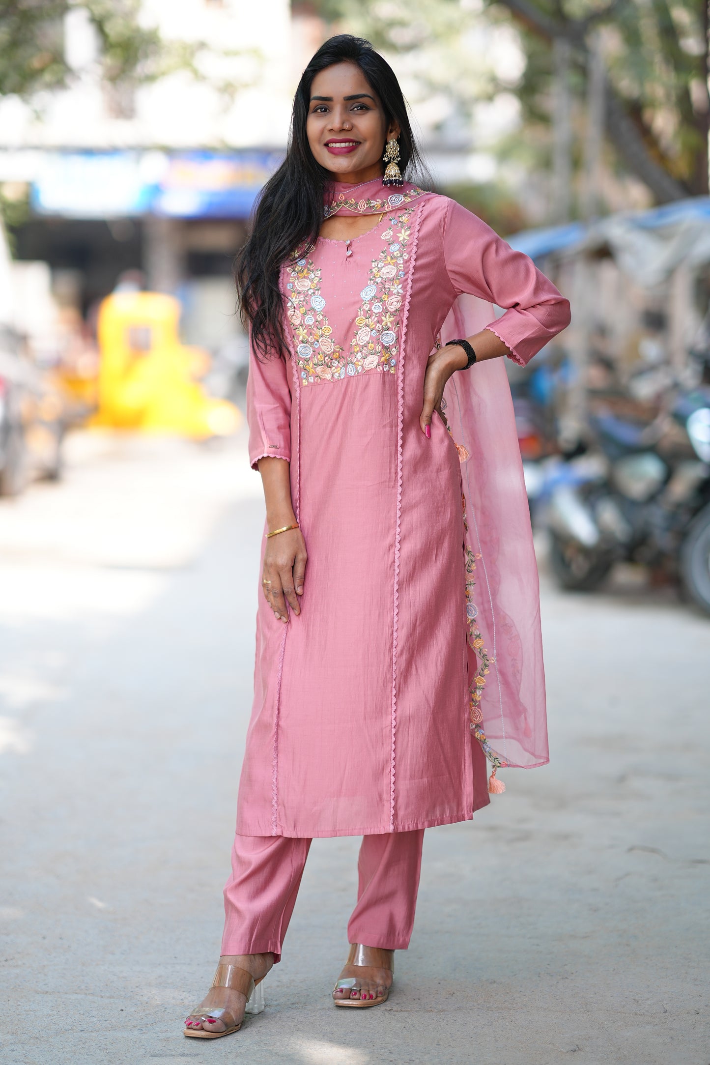 Peach Color Festive Wear 3 Piece Set With Designer Dupatta in Viscose Fabric