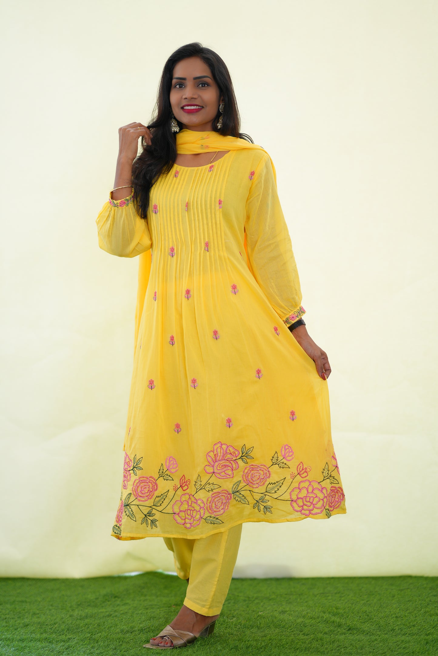 Yellow Color Mul Cotton 3 Piece Set With Embroidery Work and Complete Lining