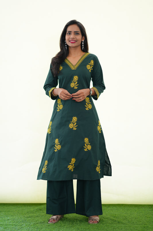 Emerald Green Jaipur Cotton Cordset With Embriodary work