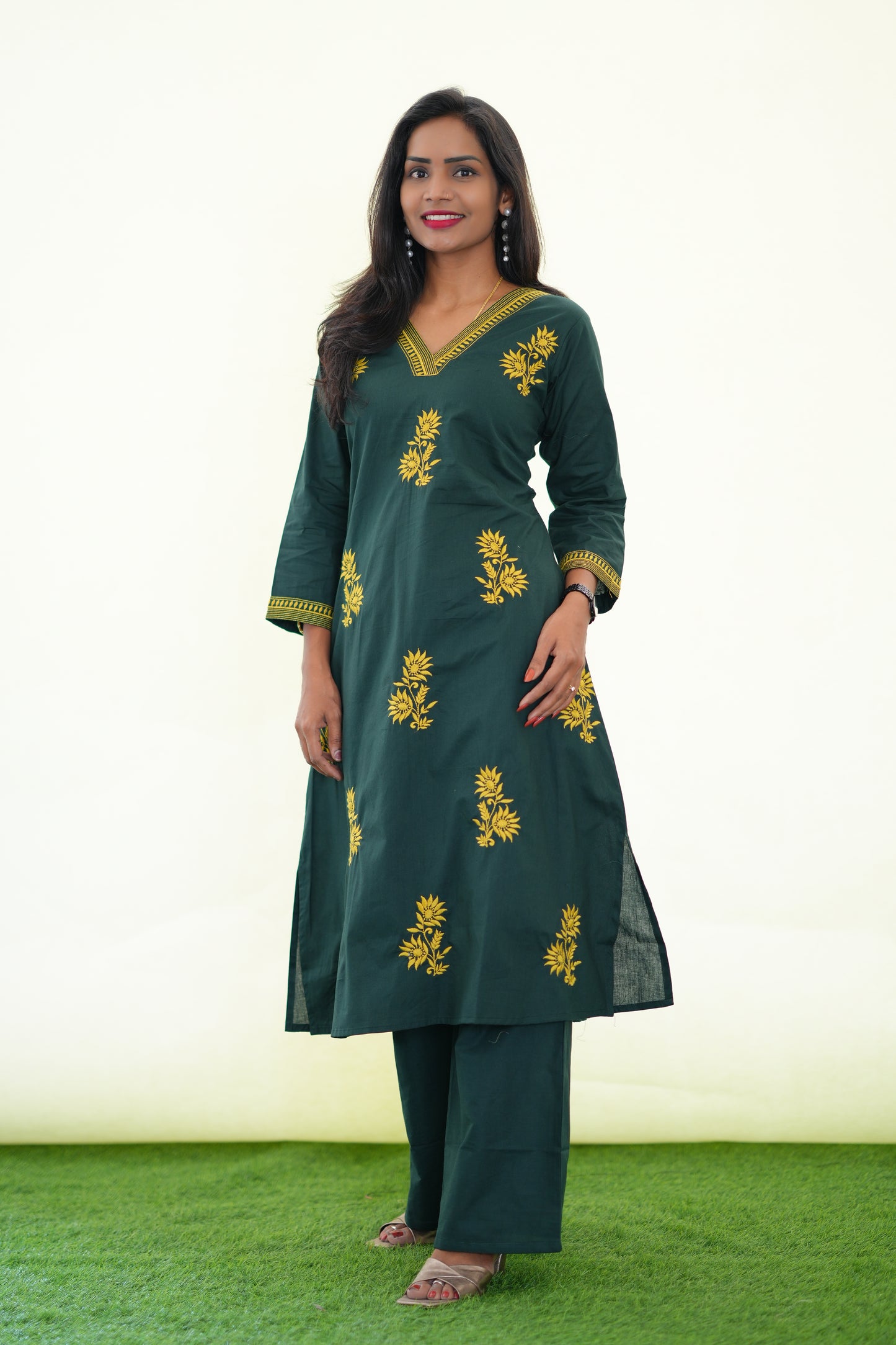 Emerald Green Jaipur Cotton Cordset With Embriodary work