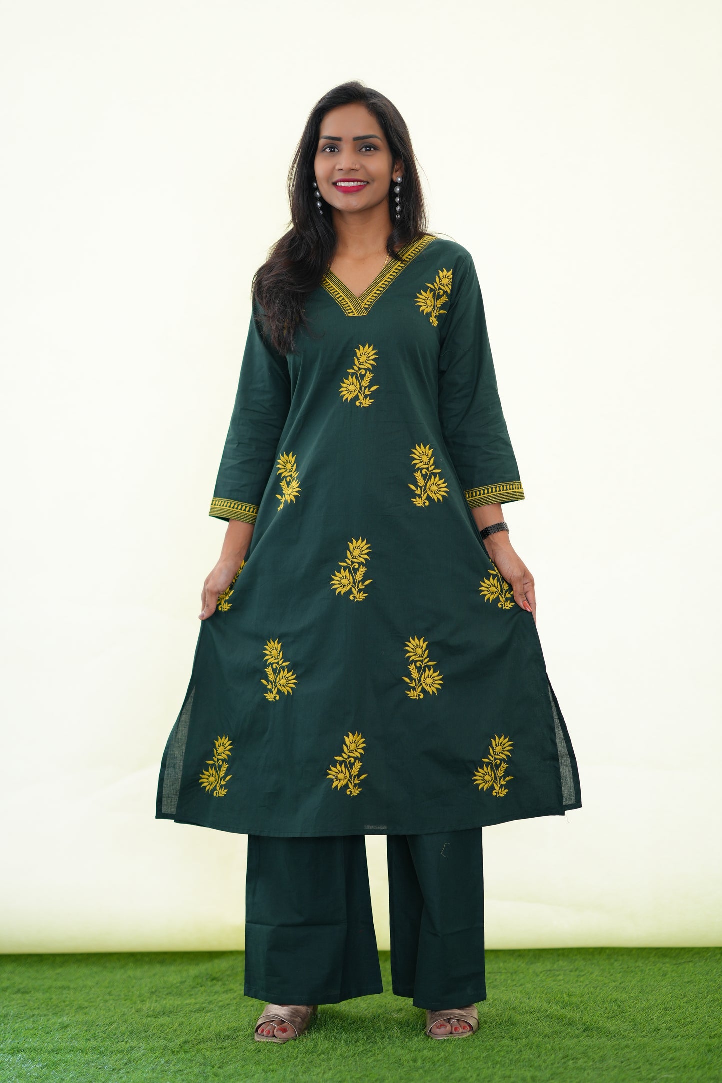 Emerald Green Jaipur Cotton Cordset With Embriodary work