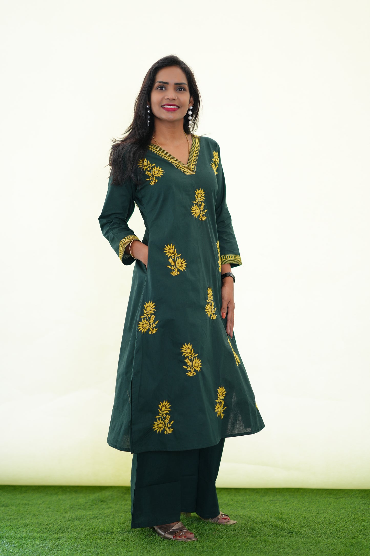 Emerald Green Jaipur Cotton Cordset With Embriodary work