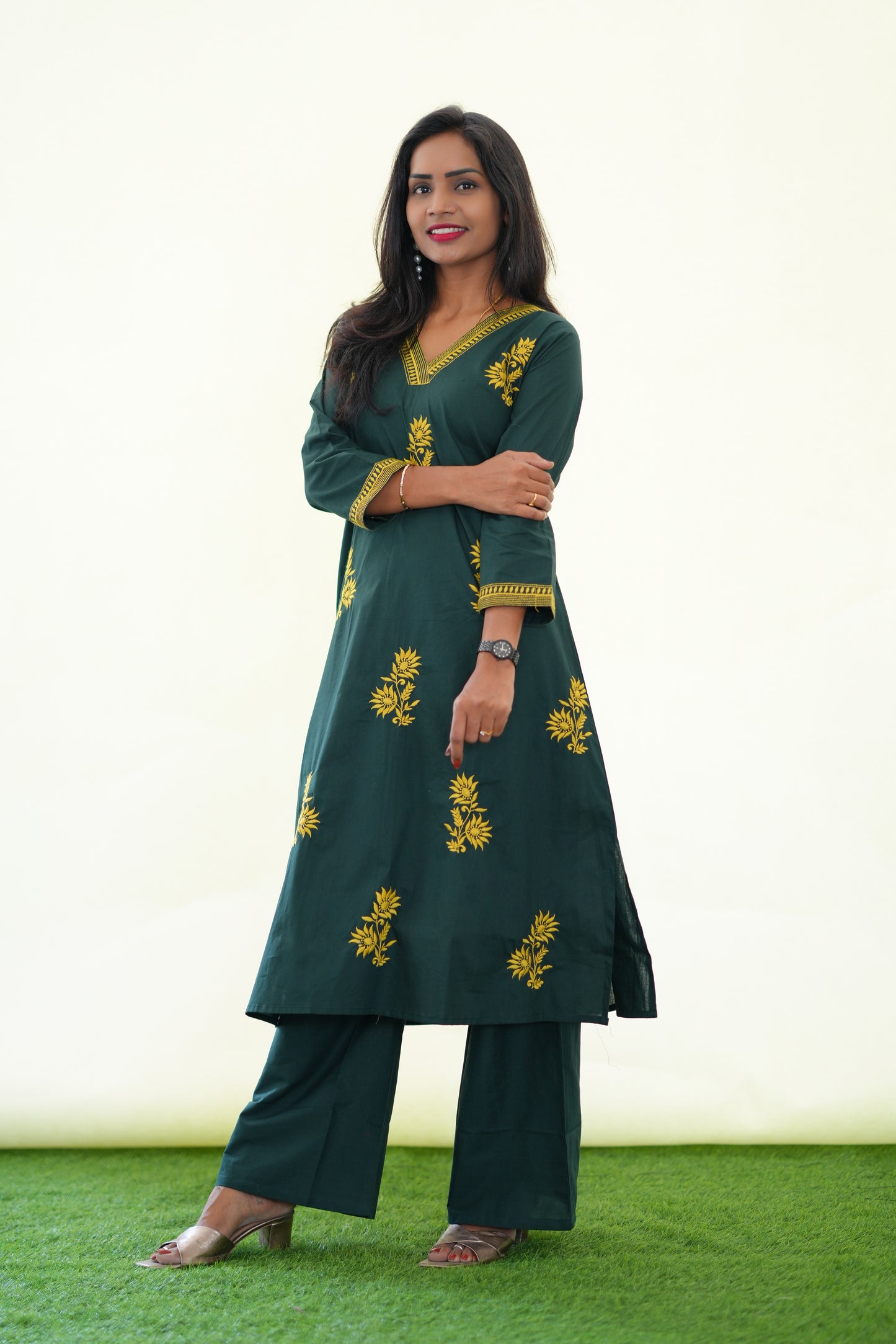 Emerald Green Jaipur Cotton Cordset With Embriodary work