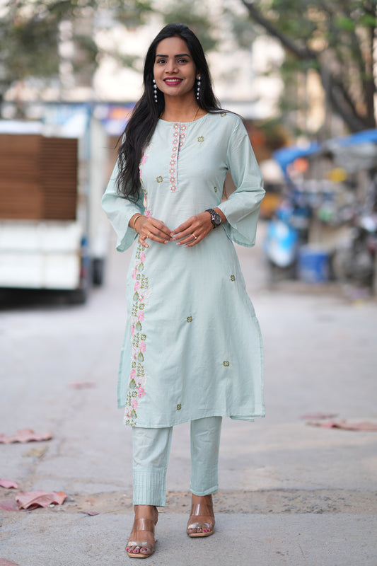 Light Pista Green Color Jaipuri Cotton Cord Set With Embroidery Work