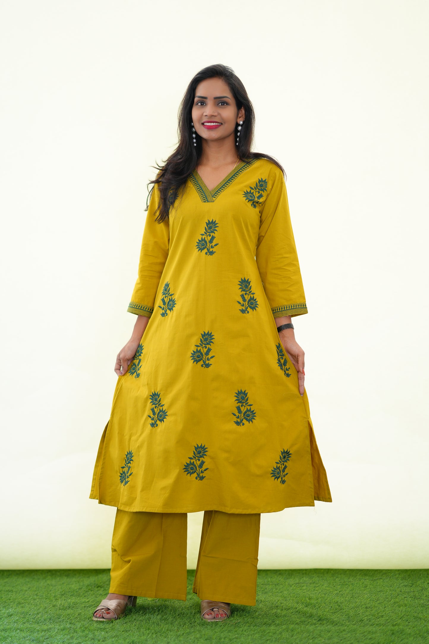 Mustard Yellow Jaipur Cotton Cordset With Embroidery work