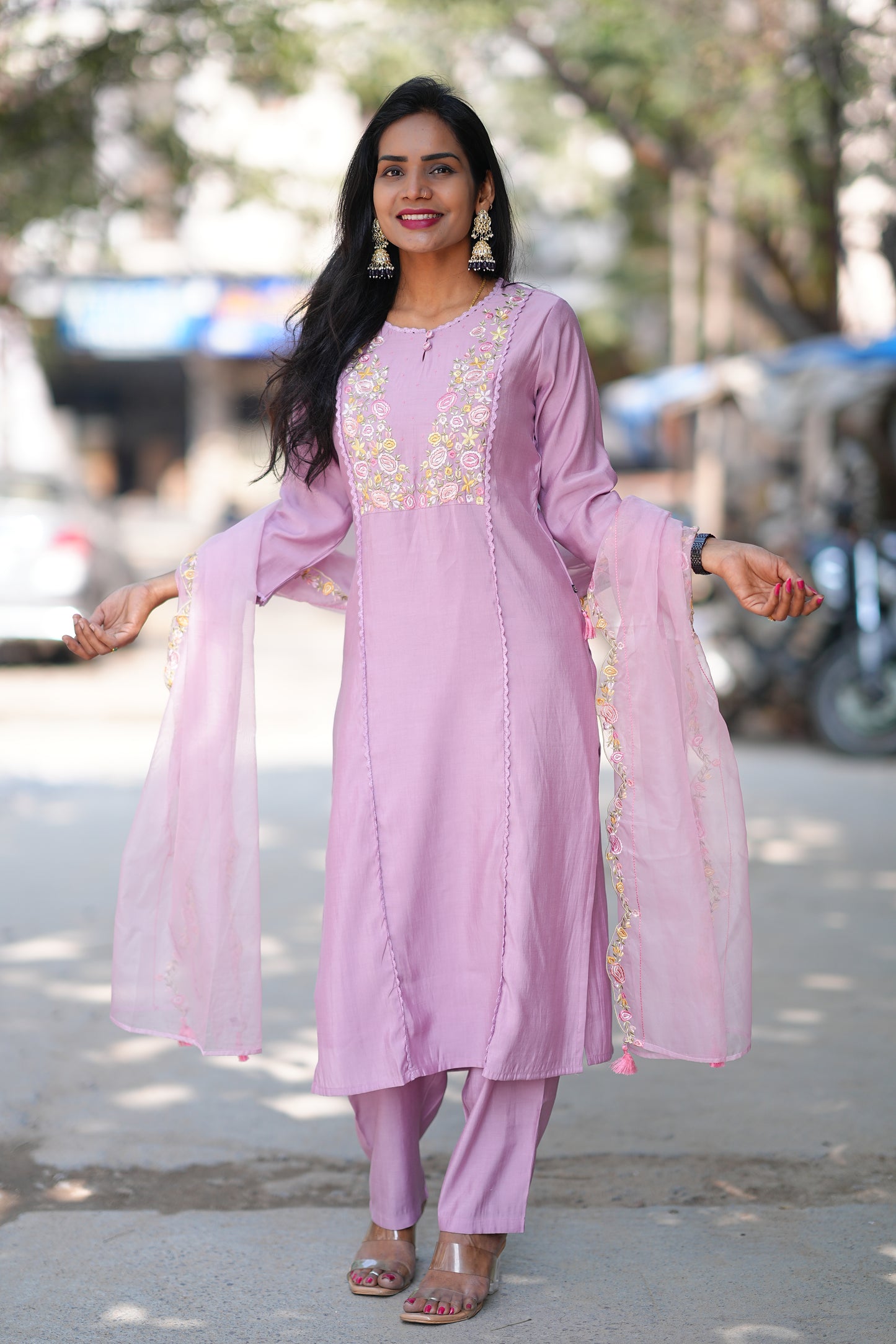 Lavender Color Festive Wear 3 Piece Set With Designer Dupatta in Viscose Fabric