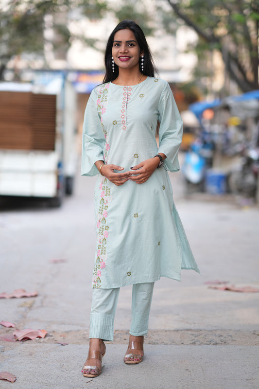 Light Pista Green Color Jaipuri Cotton Cord Set With Embroidery Work