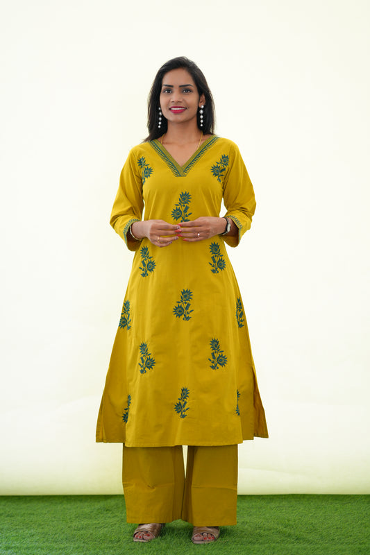 Mustard Yellow Jaipur Cotton Cordset With Embroidery work