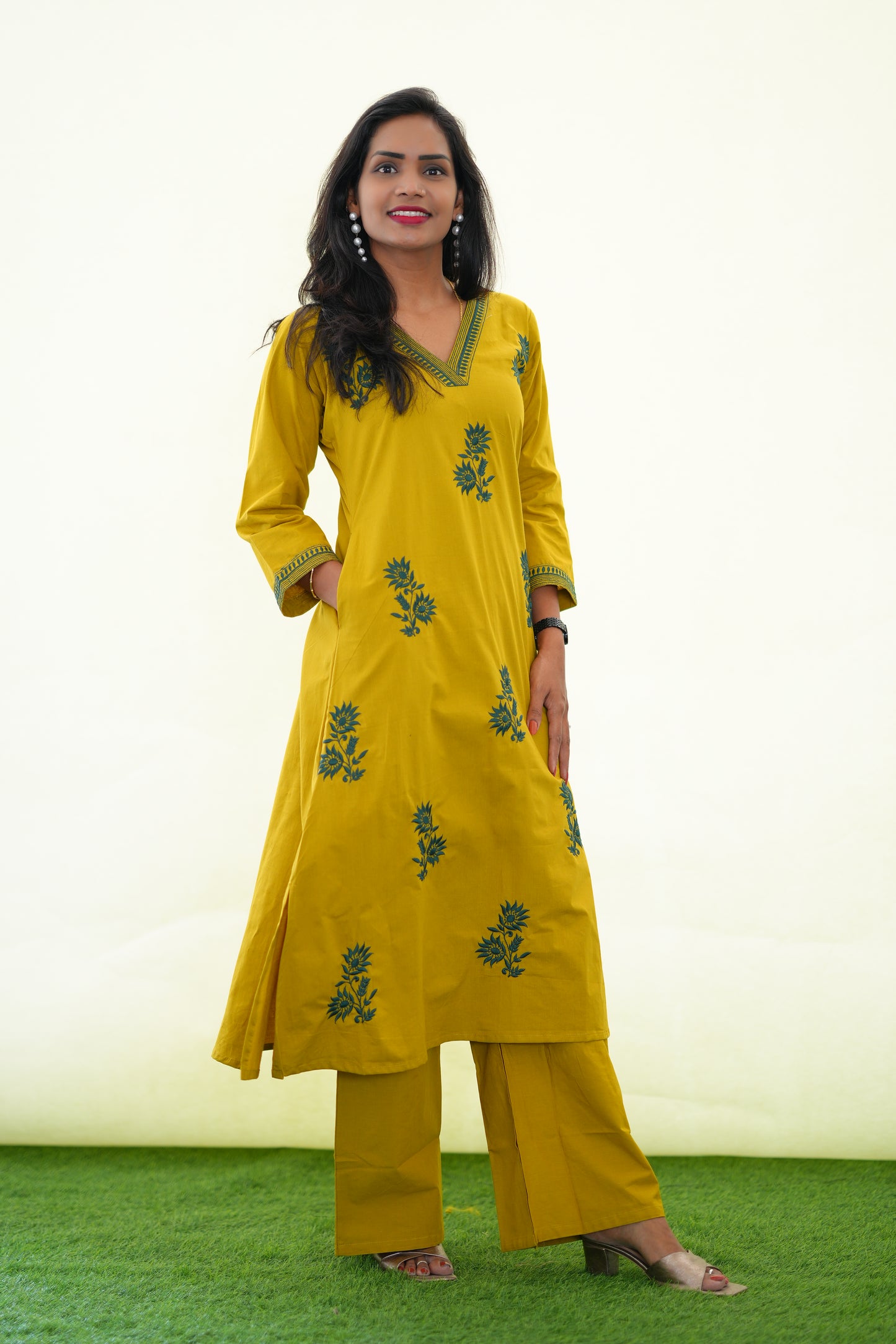 Mustard Yellow Jaipur Cotton Cordset With Embroidery work