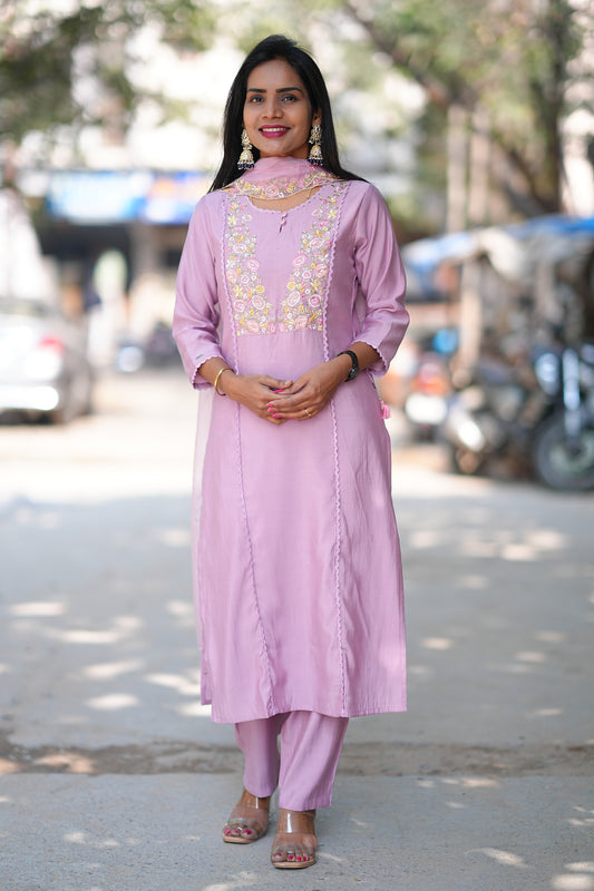 Lavender Color Festive Wear 3 Piece Set With Designer Dupatta in Viscose Fabric