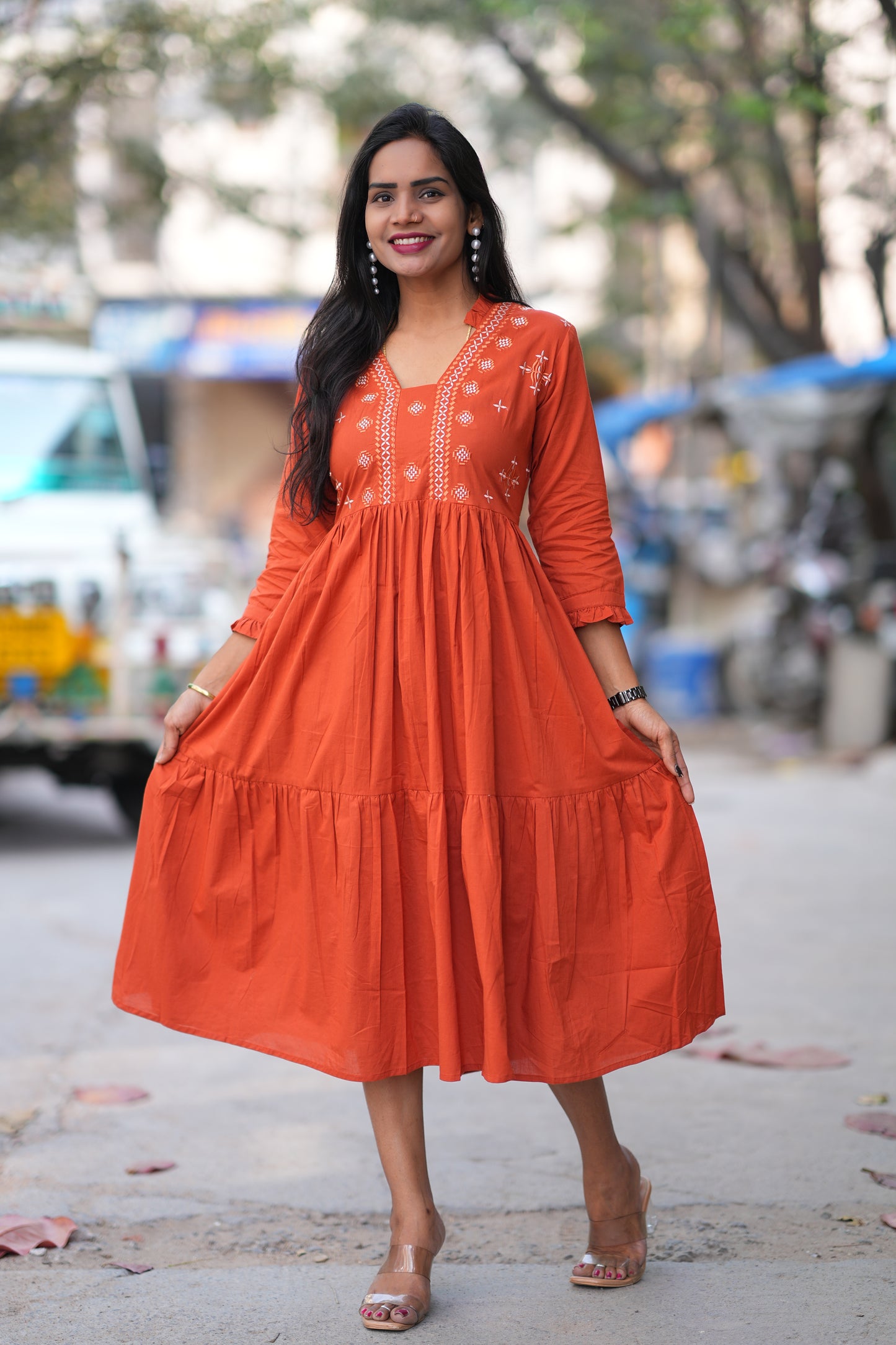 Jaipur Cotton Orange Colour Frock With Embroidery Work